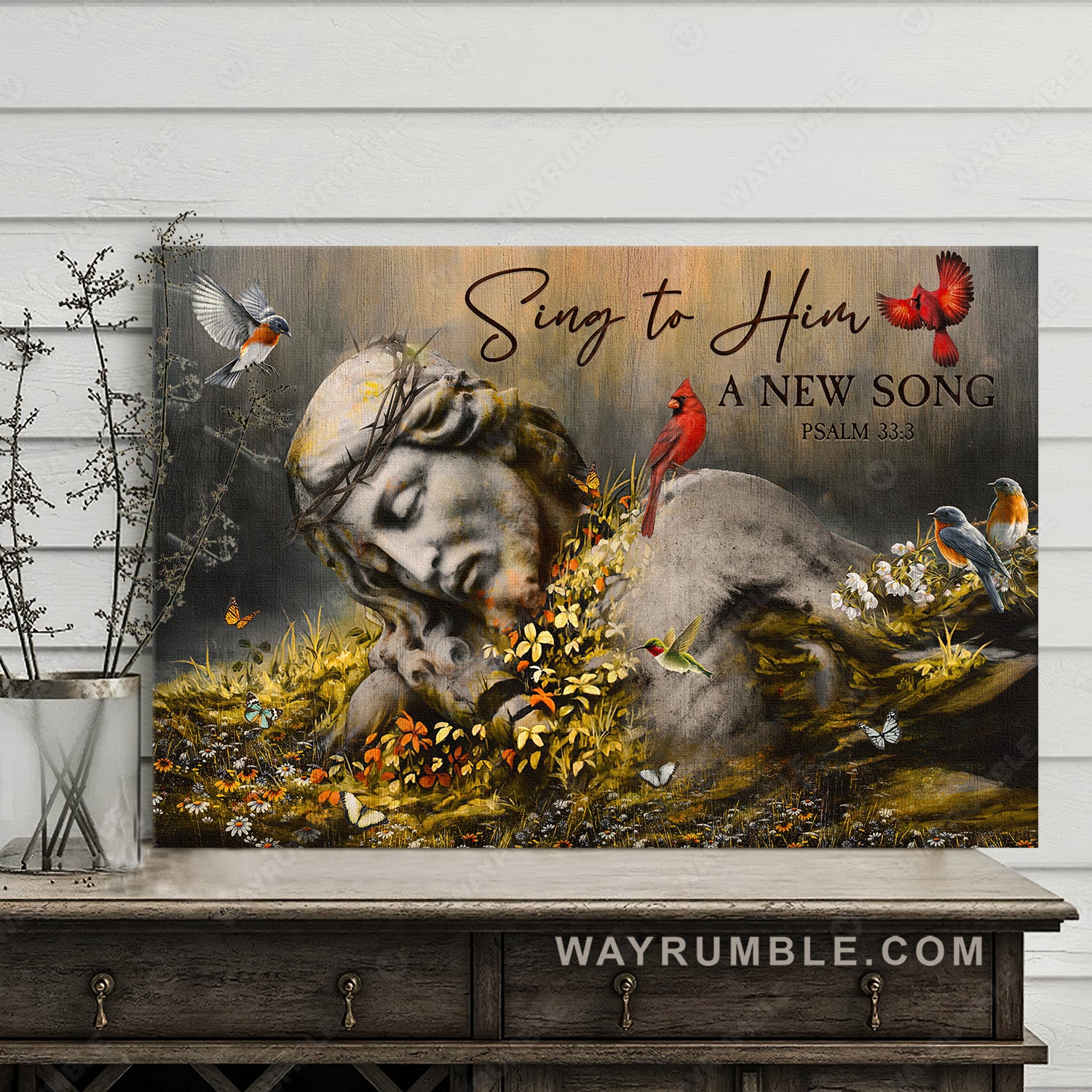 Jesus statue, Sleeping God, Cute birds, Sing to him - Jesus Landscape Canvas Prints, Christian Wall Art