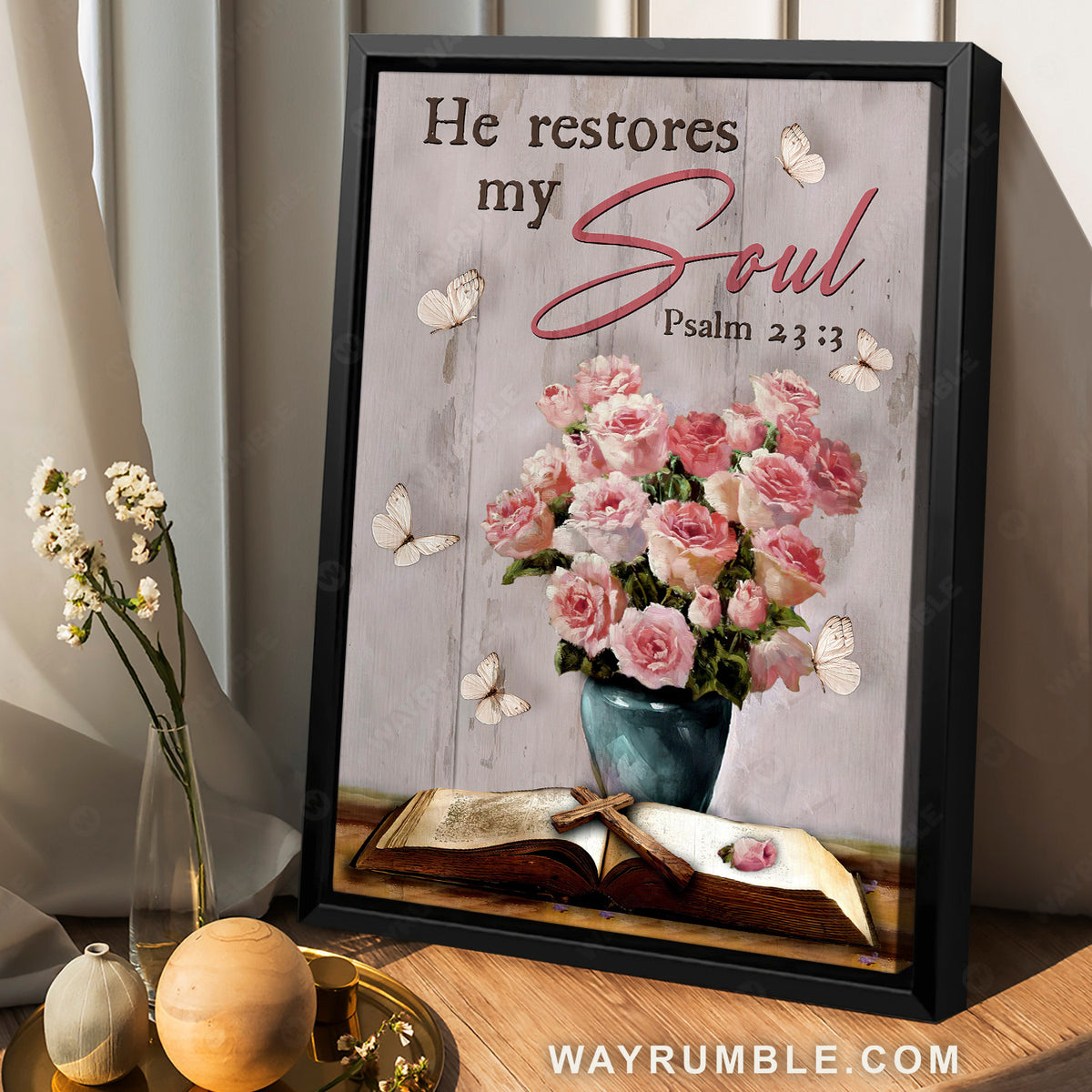 Pink rose vase, Bible painting, He restores my soul - Jesus Portrait Canvas Prints, Christian Wall Art