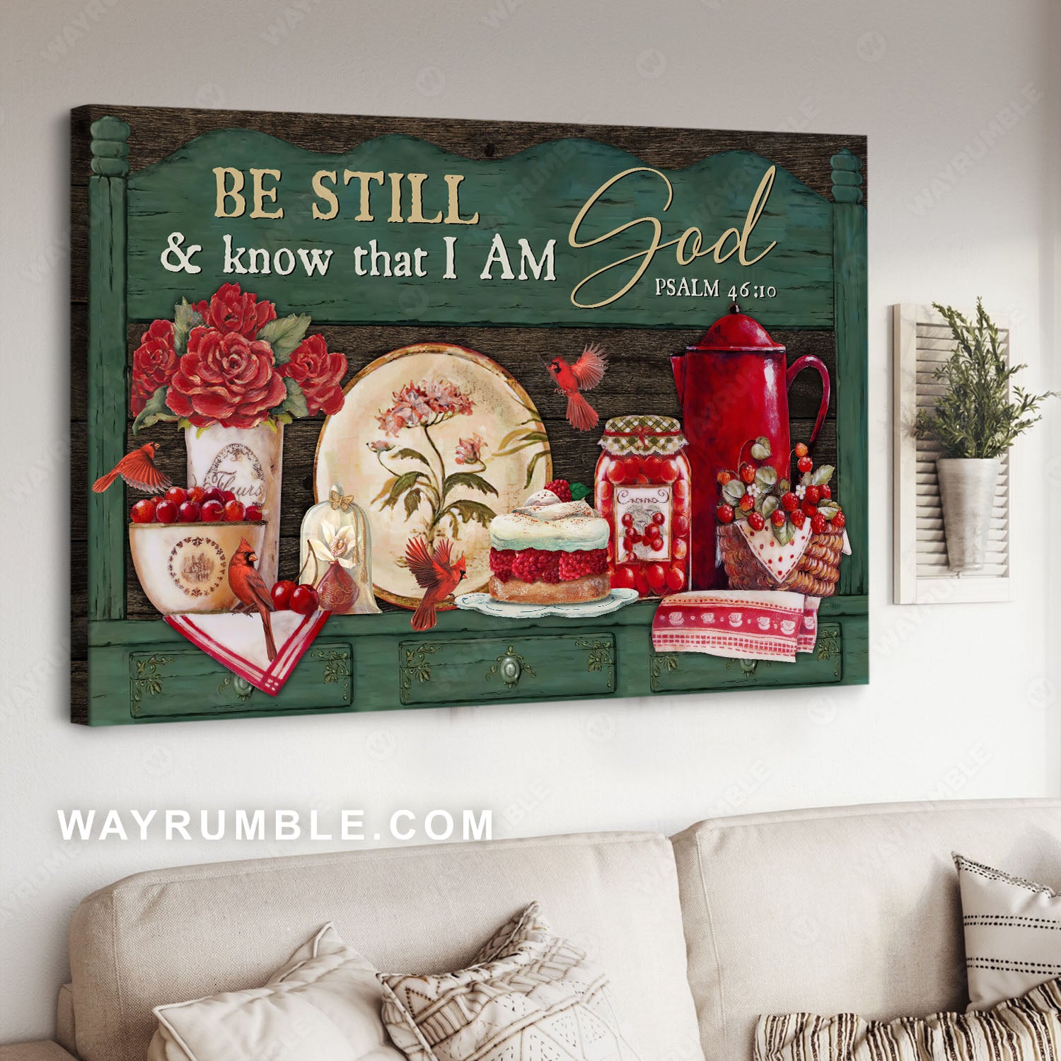 Beautiful kitchen, Christmas Eve, Red cardinal, Be still and know that I am God - Jesus Landscape Canvas Prints, Christian Wall Art