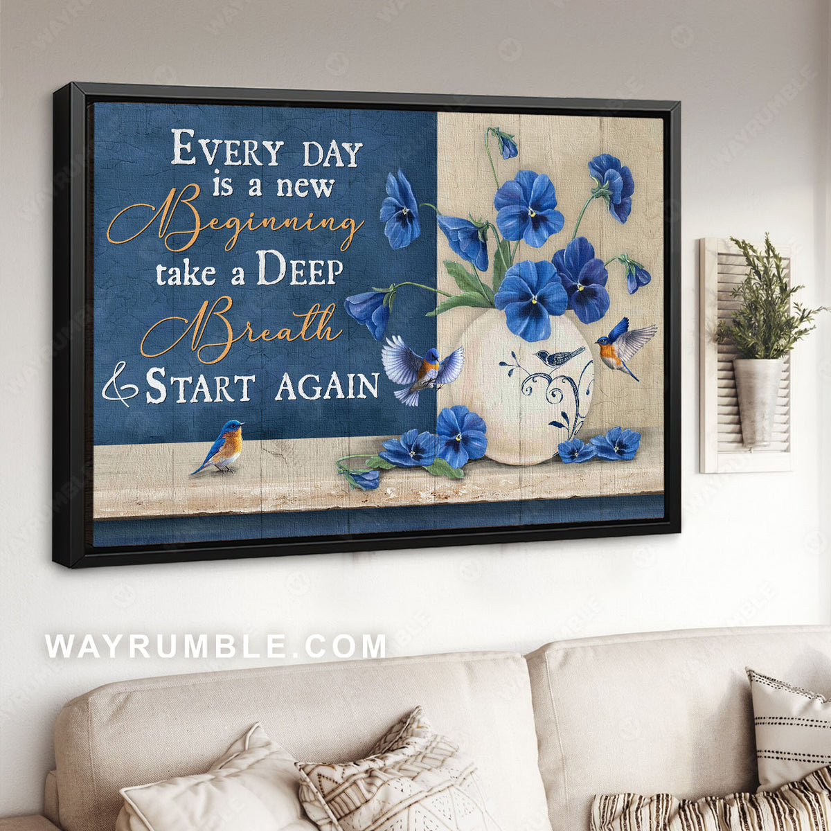 Blue pansy, Eastern bluebird, Flower vase, Every day is a new beginning - Jesus Landscape Canvas Prints, Christian Wall Art