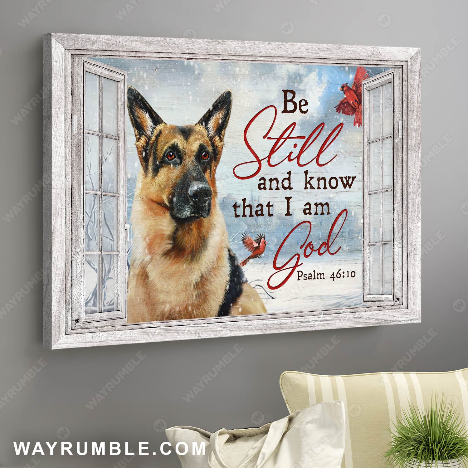 German shepherd dog, Winter painting, Cardinal drawing, Be still and know that I'm God - Jesus Landscape Canvas Prints, Wall Art