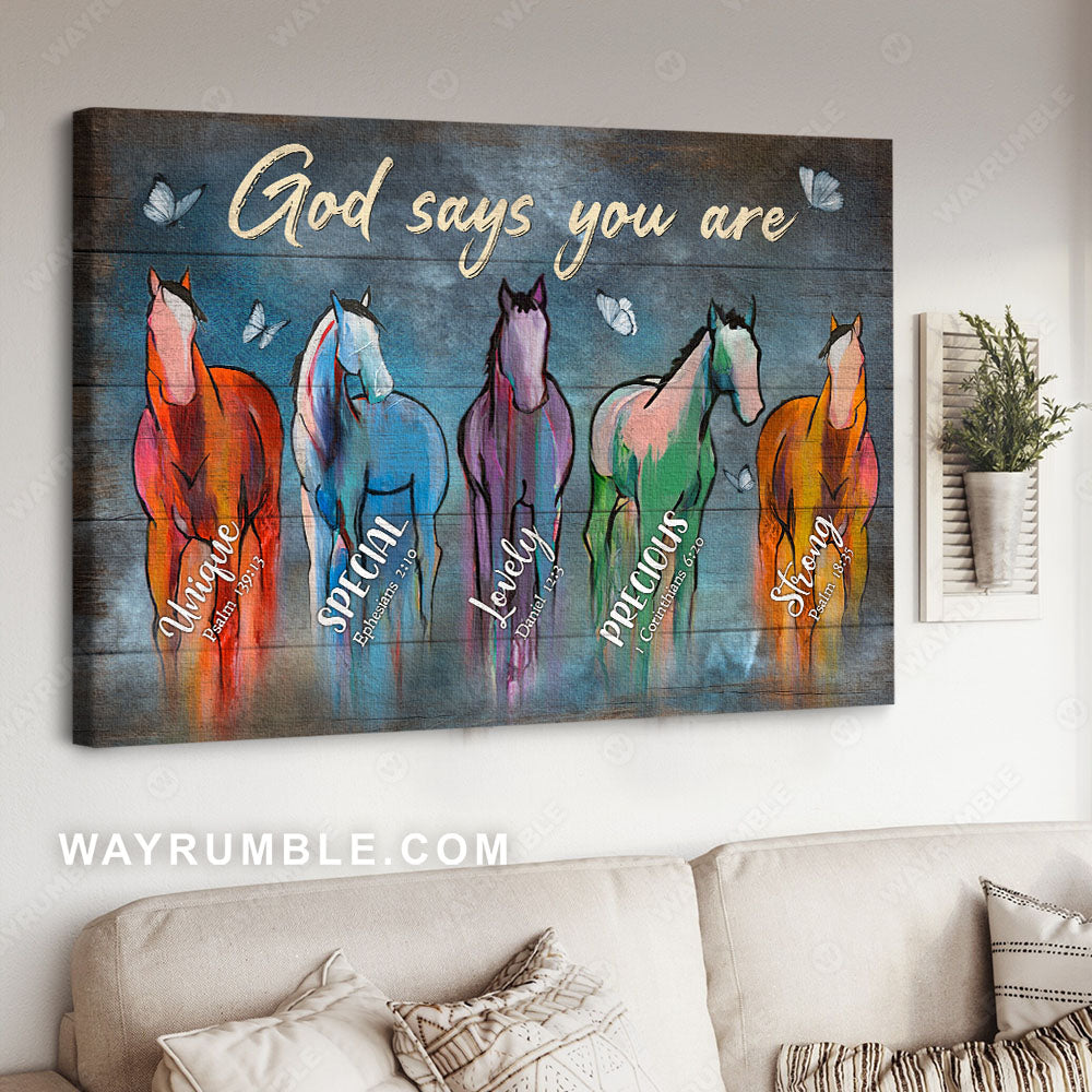 Colorful horses, Blue butterfly, God says you are unique - Jesus Landscape Canvas Prints, Christian Wall Art