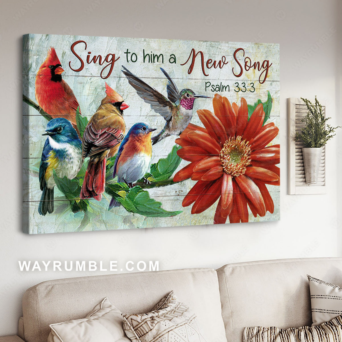 Beautiful birds, Colorful birds, Red flower, Sing to him a new song - Jesus Landscape Canvas Prints, Christian Wall Art