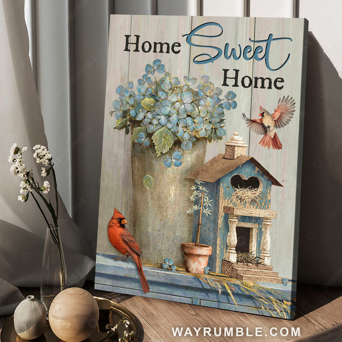 Blue hydrangea, Red cardinals, Wooden birdcage, Hoe sweet home - Jesus Portrait Canvas Prints, Christian Wall Art