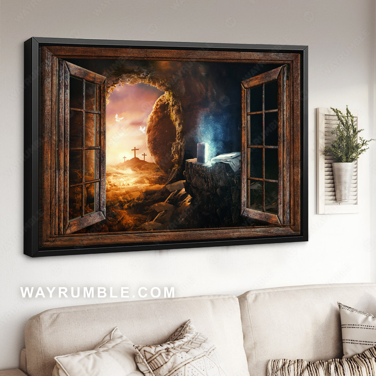 Cave painting, Mountain landscape, The rugged Cross and the holy Bible - Jesus Landscape Canvas Prints, Christian Wall Art