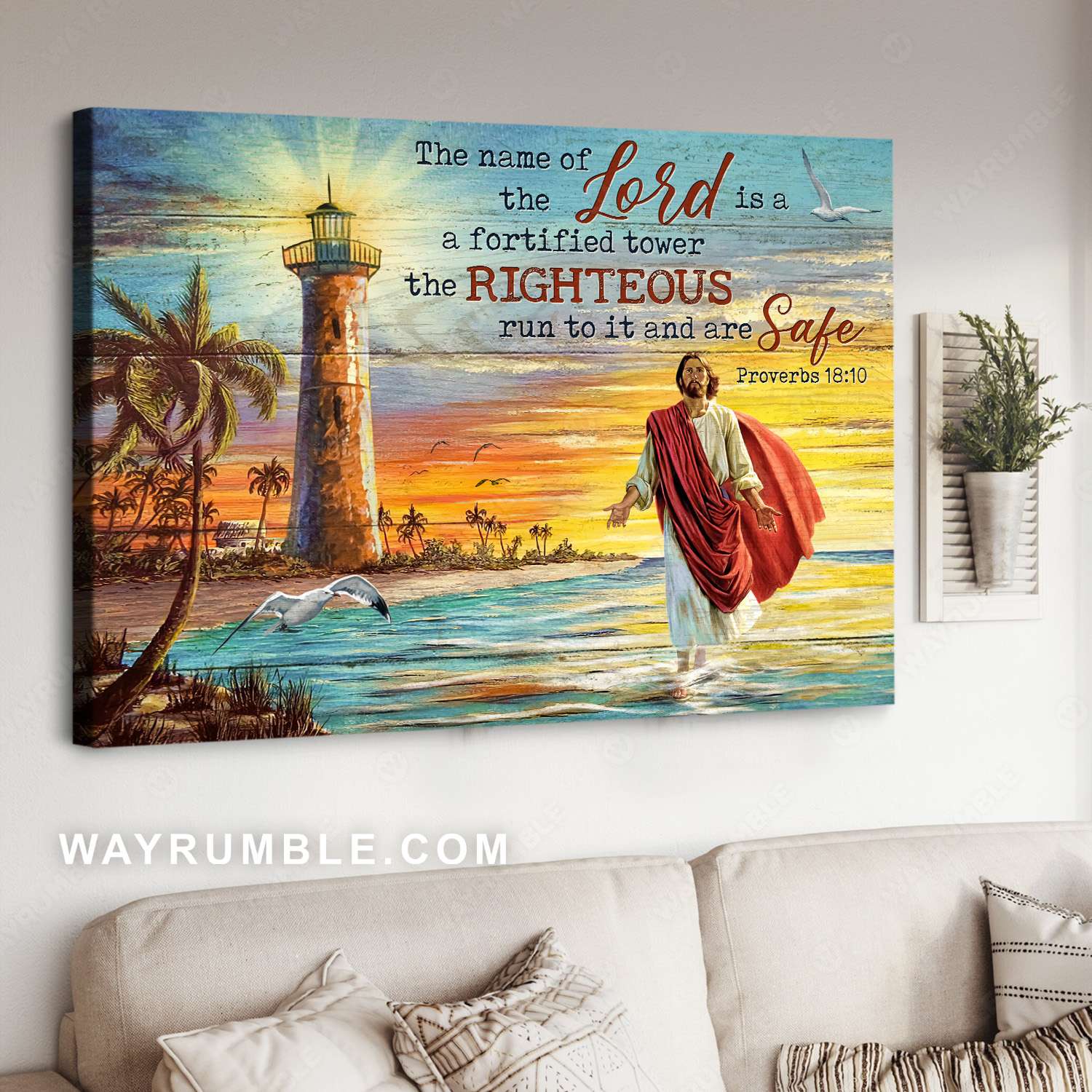 Jesus walks on water, Lighthouse, Sunrise beach, Lord is a fortified tower - Jesus Landscape Canvas Prints, Christian Wall Art