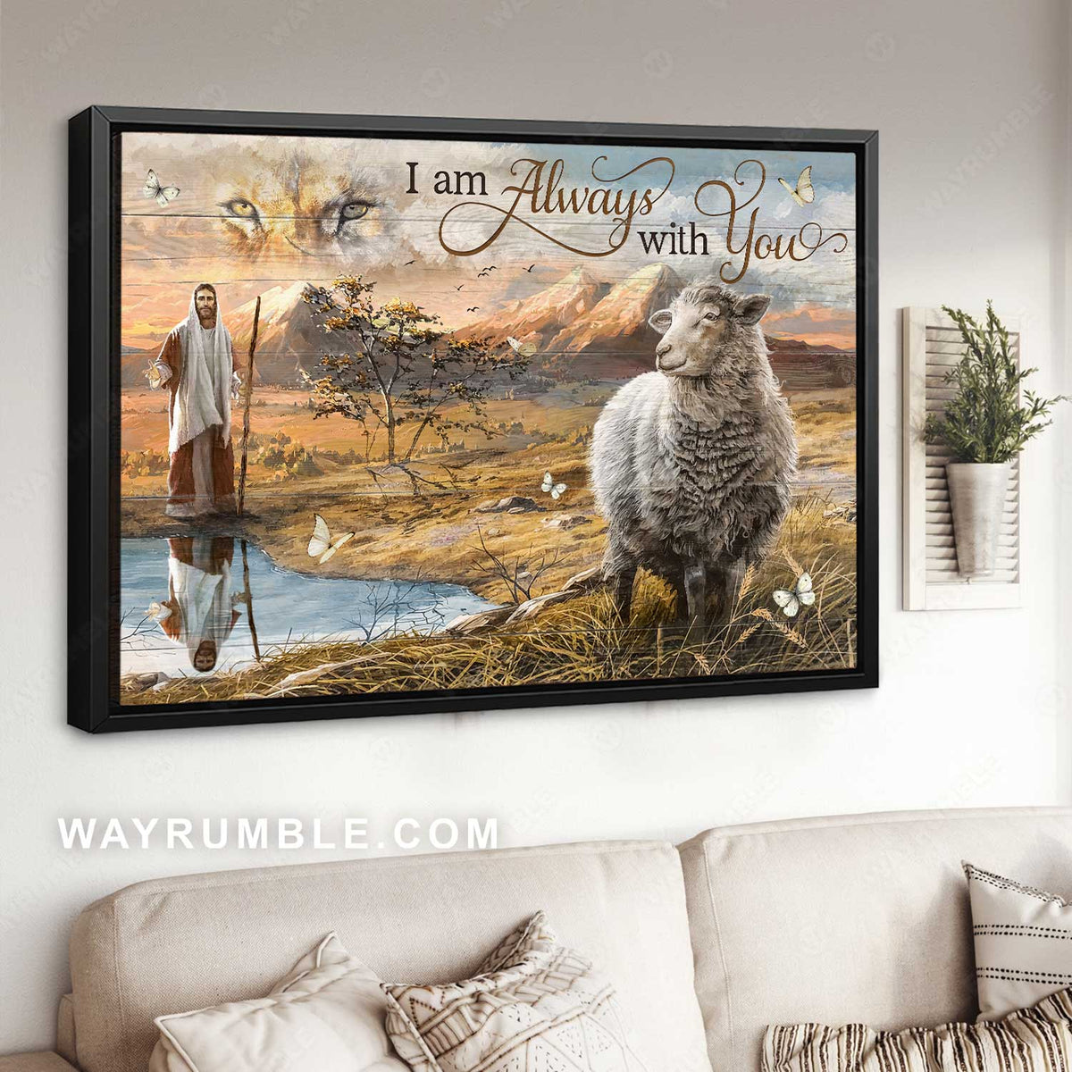 Stunning lamb, Beautiful meadow land, Lion of Judah, I am always with you - Jesus Landscape Canvas Prints, Christian Wall Art
