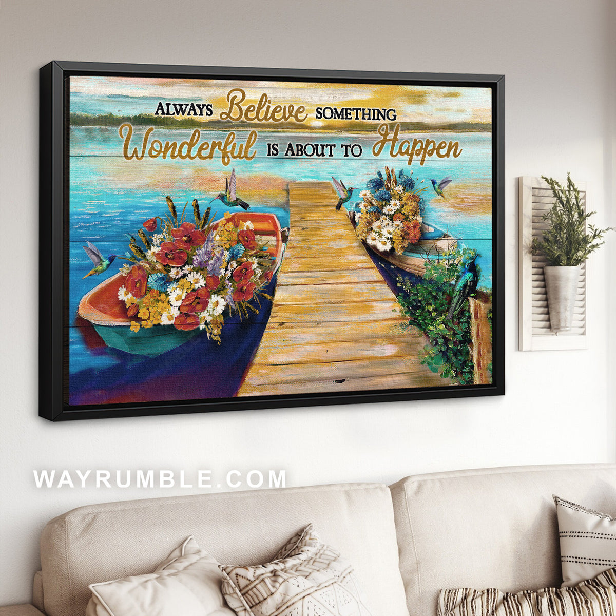 Flower boat, Blue ocean, Hummingbird, Always believe something wonderful - Jesus Landscape Canvas Prints, Christian Wall Art