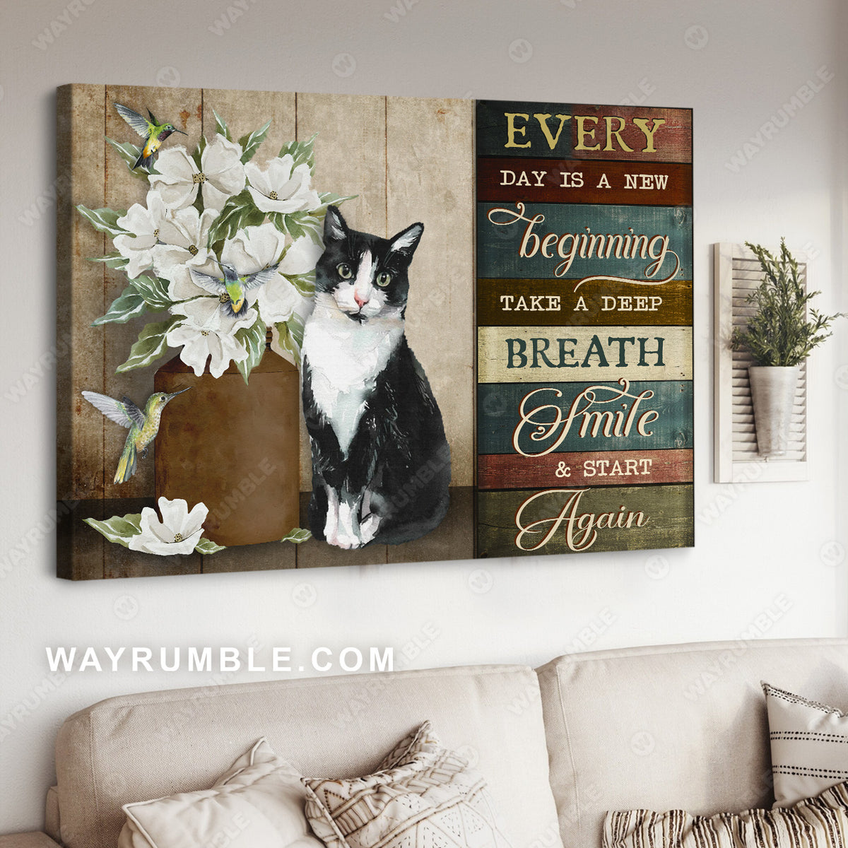 Pretty cat drawing, White flower, Hummingbird, Every day is a new beginning - Jesus Landscape Canvas Prints, Christian Wall Art