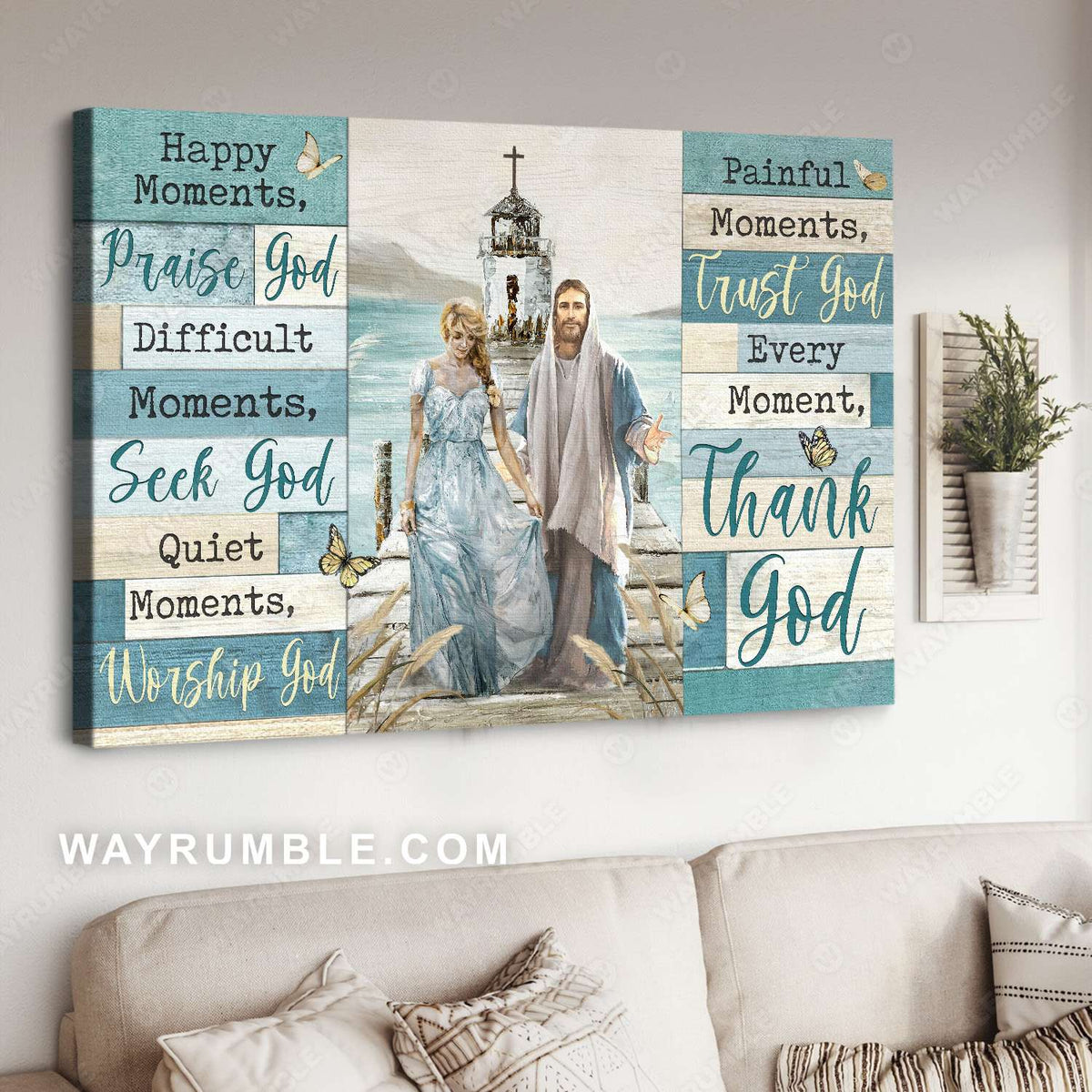 Walking with Jesus, Beautiful girl painting, Lighthouse, Every moment thank God - Jesus Landscape Canvas Prints, Christian Wall Art