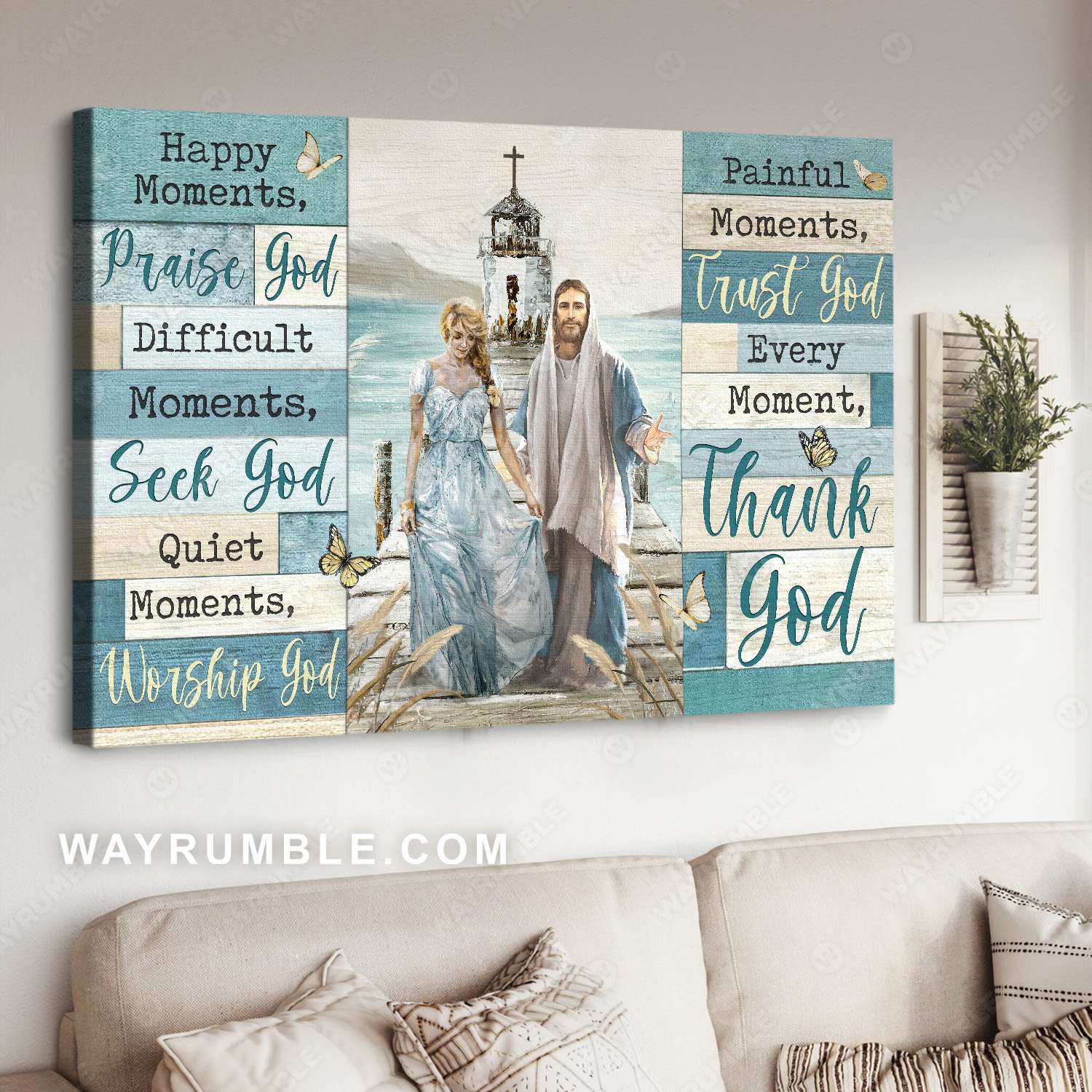 Walking with Jesus, Beautiful girl painting, Lighthouse, Every moment thank God - Jesus Landscape Canvas Prints, Christian Wall Art