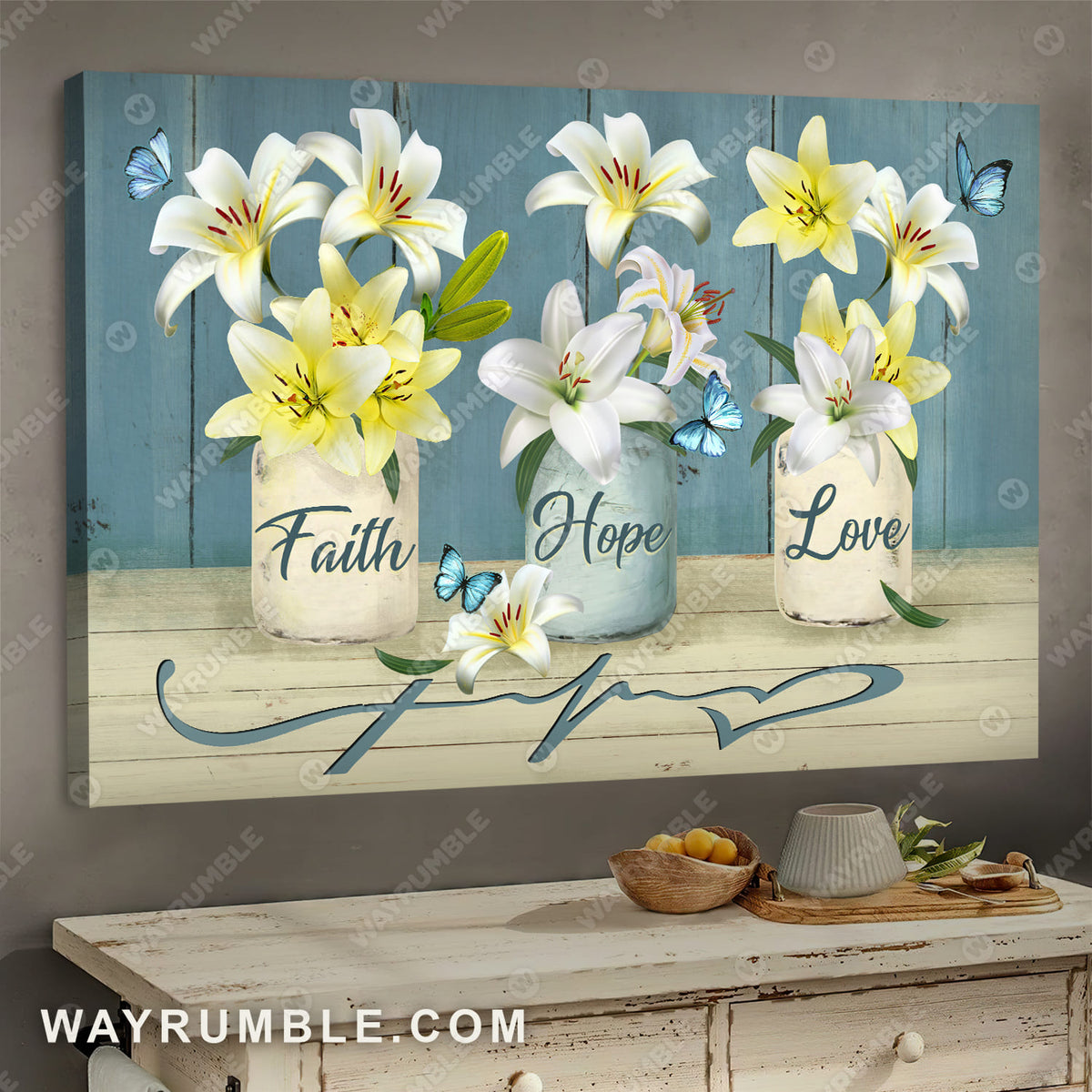 White lily drawing, Blue butterfly, Faith hope love - Jesus Landscape Canvas Prints, Wall Art