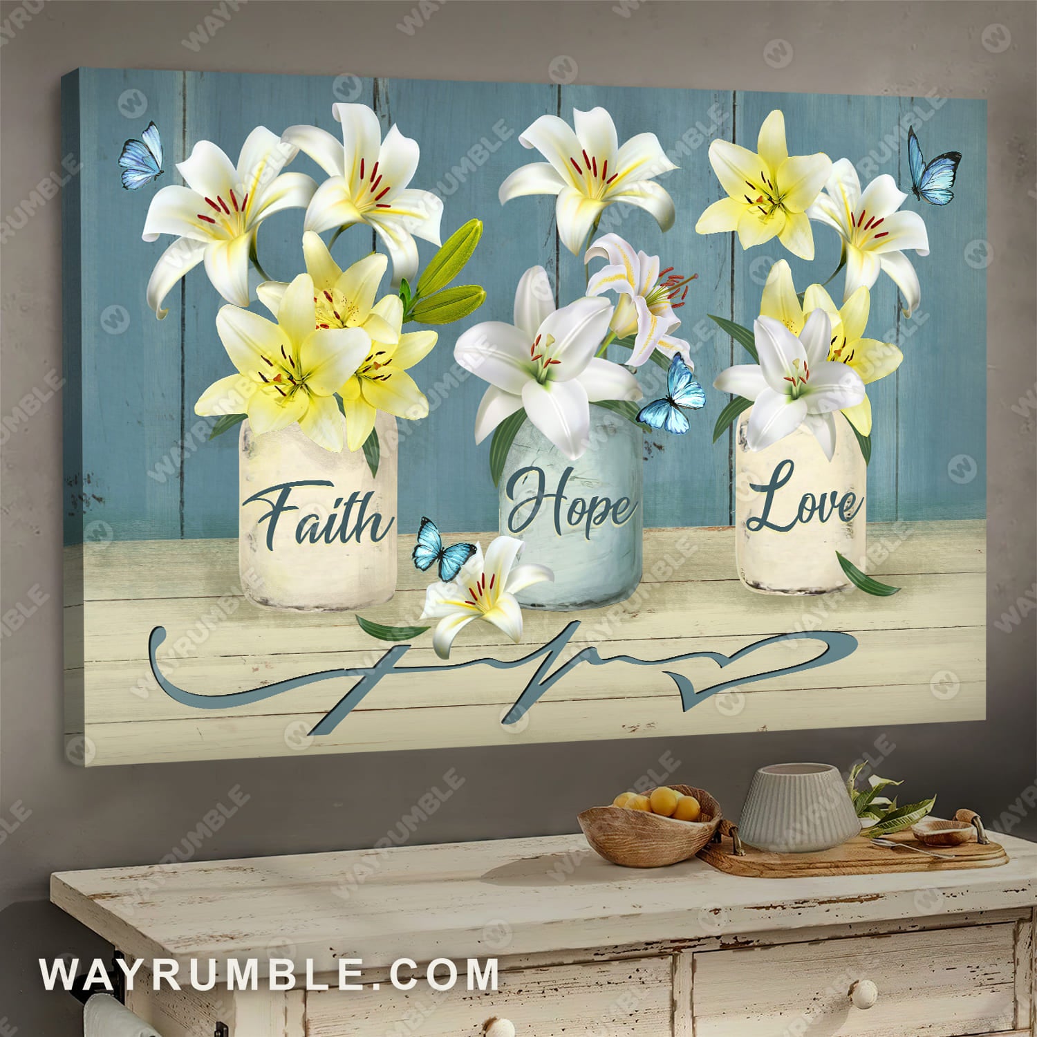 White lily drawing, Blue butterfly, Faith hope love - Jesus Landscape Canvas Prints, Wall Art