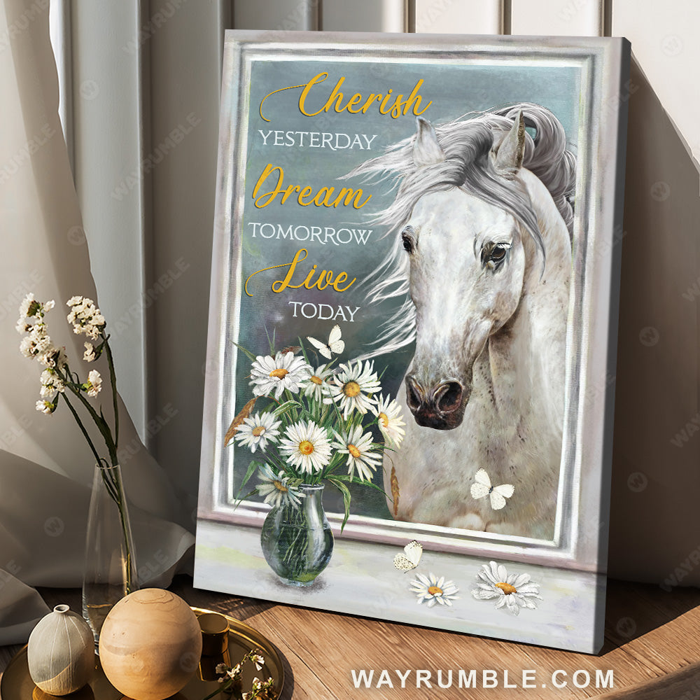 White horse, Daisy flower, Beautiful butterfly, Cherish yesterday dream tomorrow live today - Jesus Portrait Canvas Prints, Christian Wall Art