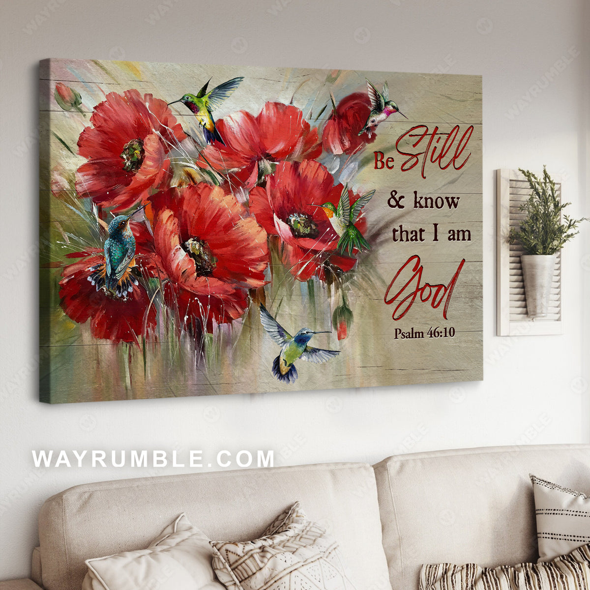 Brilliant poppy flower, Colorful hummingbird, Be still and know that I am God - Jesus Landscape Canvas Prints, Christian Wall Art