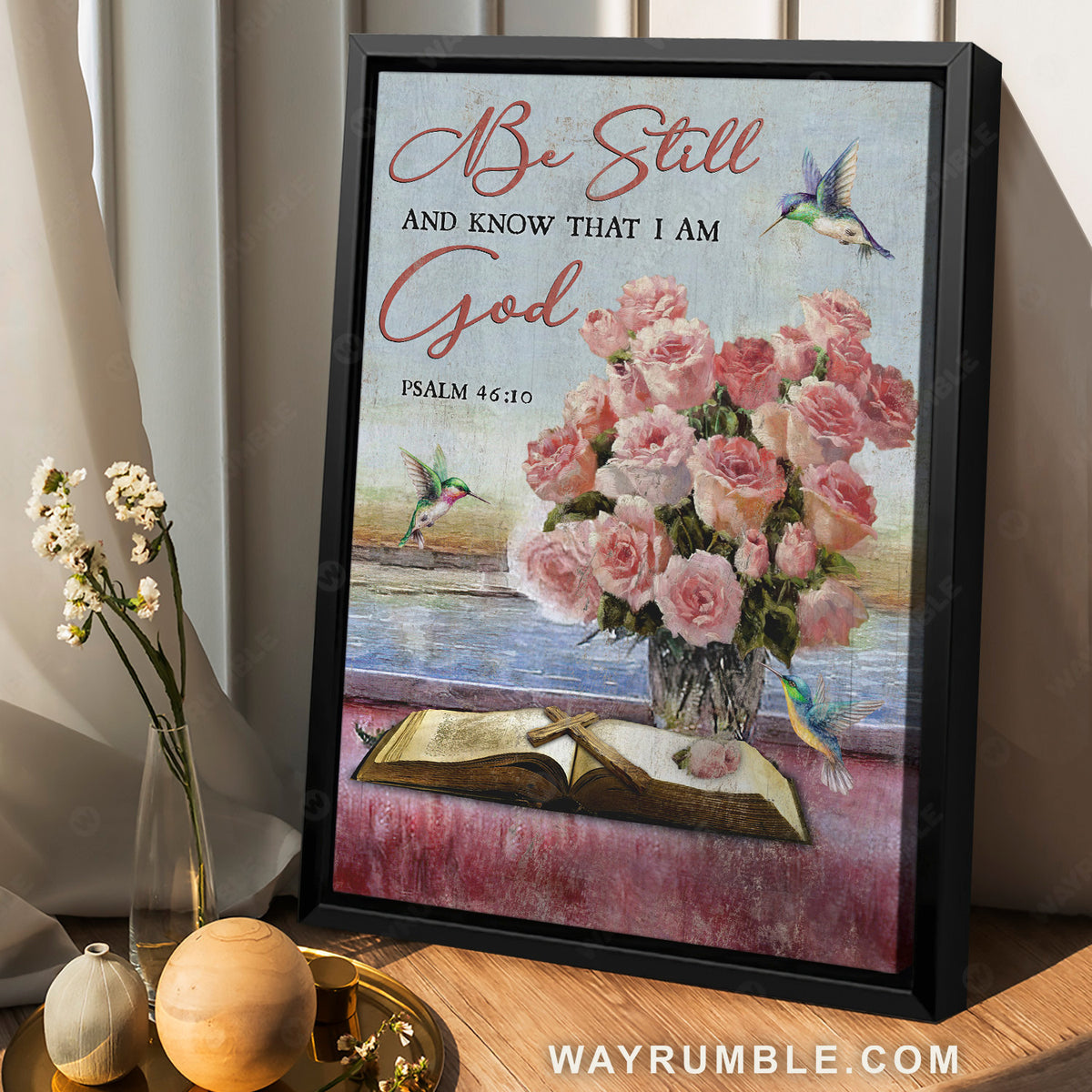 Beautiful rose vase, Cute hummingbird, Be still and know that I am God - Jesus Portrait Canvas Prints, Christian Wall Art