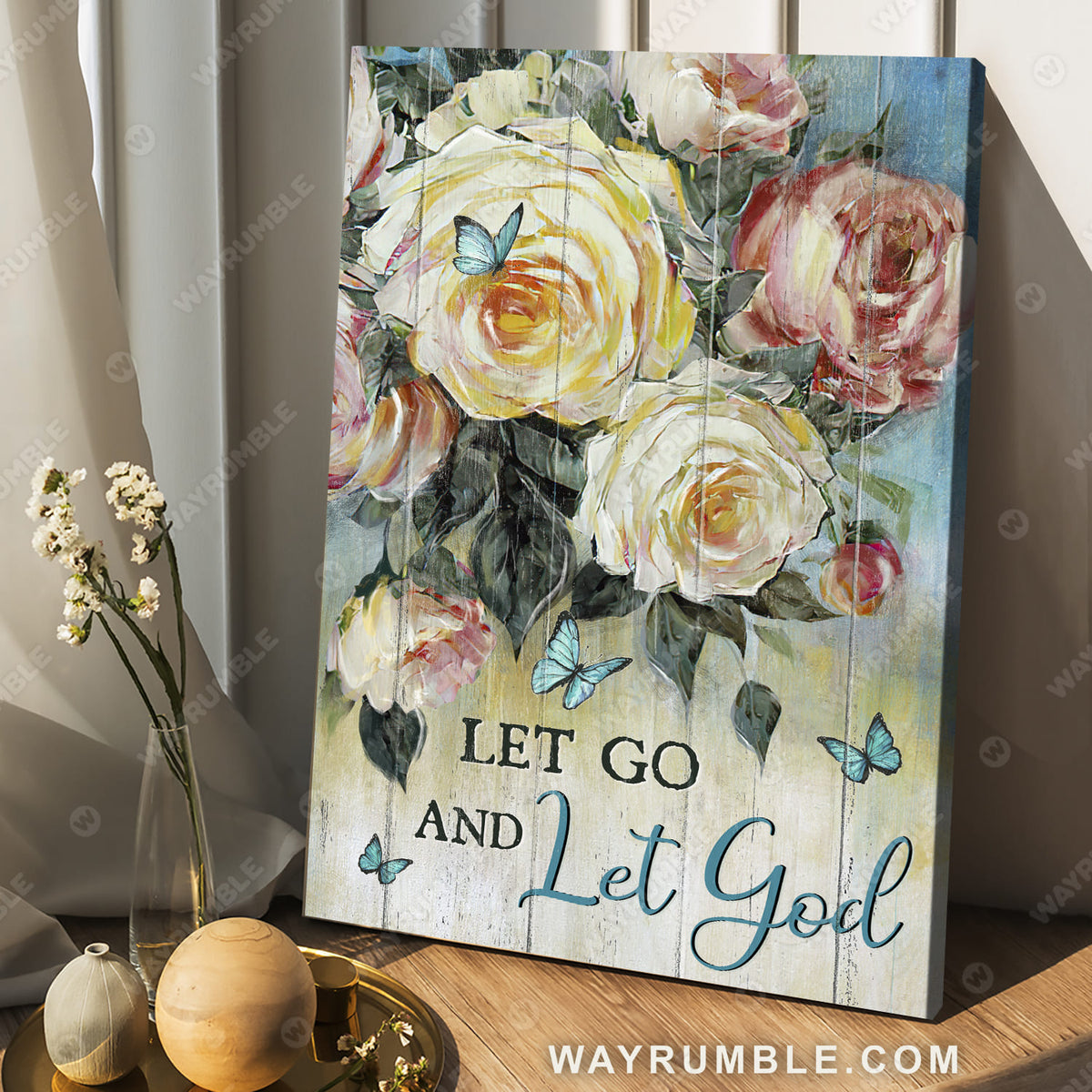 Watercolor rose, Flower painting, Blue butterfly, Let go and let God - Jesus Portrait Canvas Prints, Wall Art