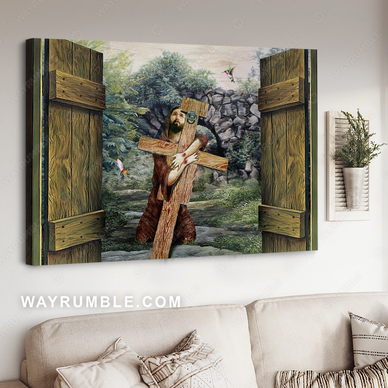 Jesus carrying cross, Looking up to the sky, Green garden, Wooden door - Jesus Landscape Canvas Prints, Christian Wall Art
