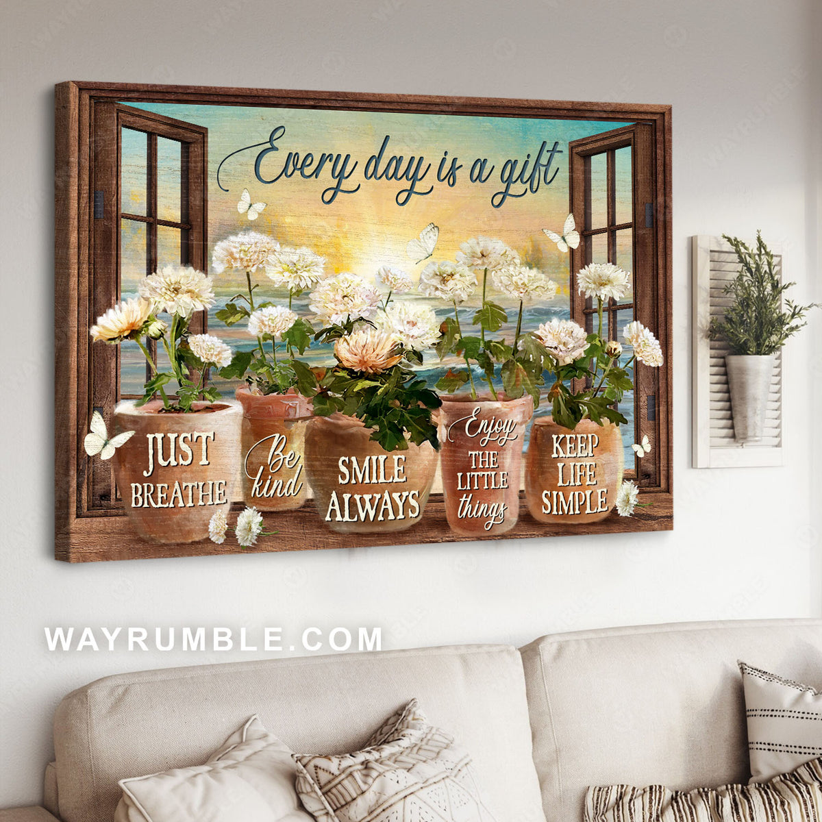 White chrysanthemums, Ceramic vases, Sunrise ocean, Every days is a gift - Jesus Landscape Canvas Prints, Christian Wall Art