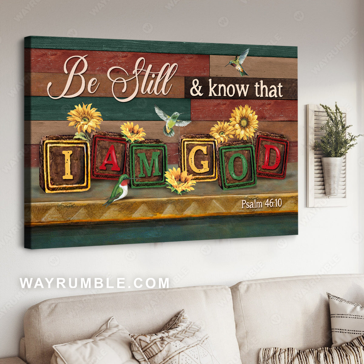 Cute hummingbird, Sunflower artwork, Be still and know that I am God - Jesus Landscape Canvas Prints, Home Decor Wall Art
