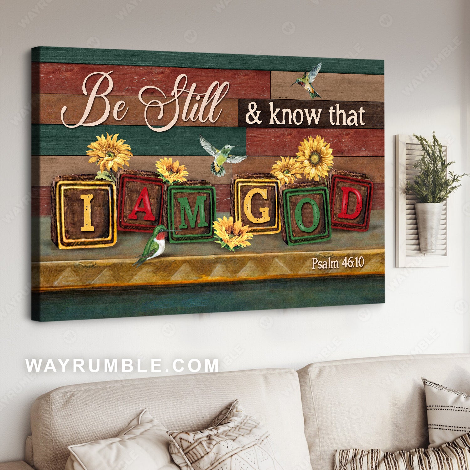 Cute hummingbird, Sunflower artwork, Be still and know that I am God - Jesus Landscape Canvas Prints, Home Decor Wall Art