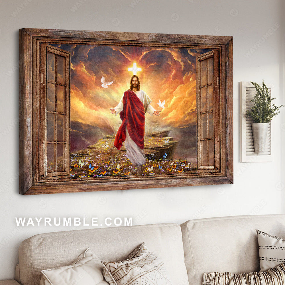 Window frame, Sunset painting, Path to heaven, Jesus painting, Into the arms of Jesus - Jesus Landscape Canvas Prints, Christian Wall Art