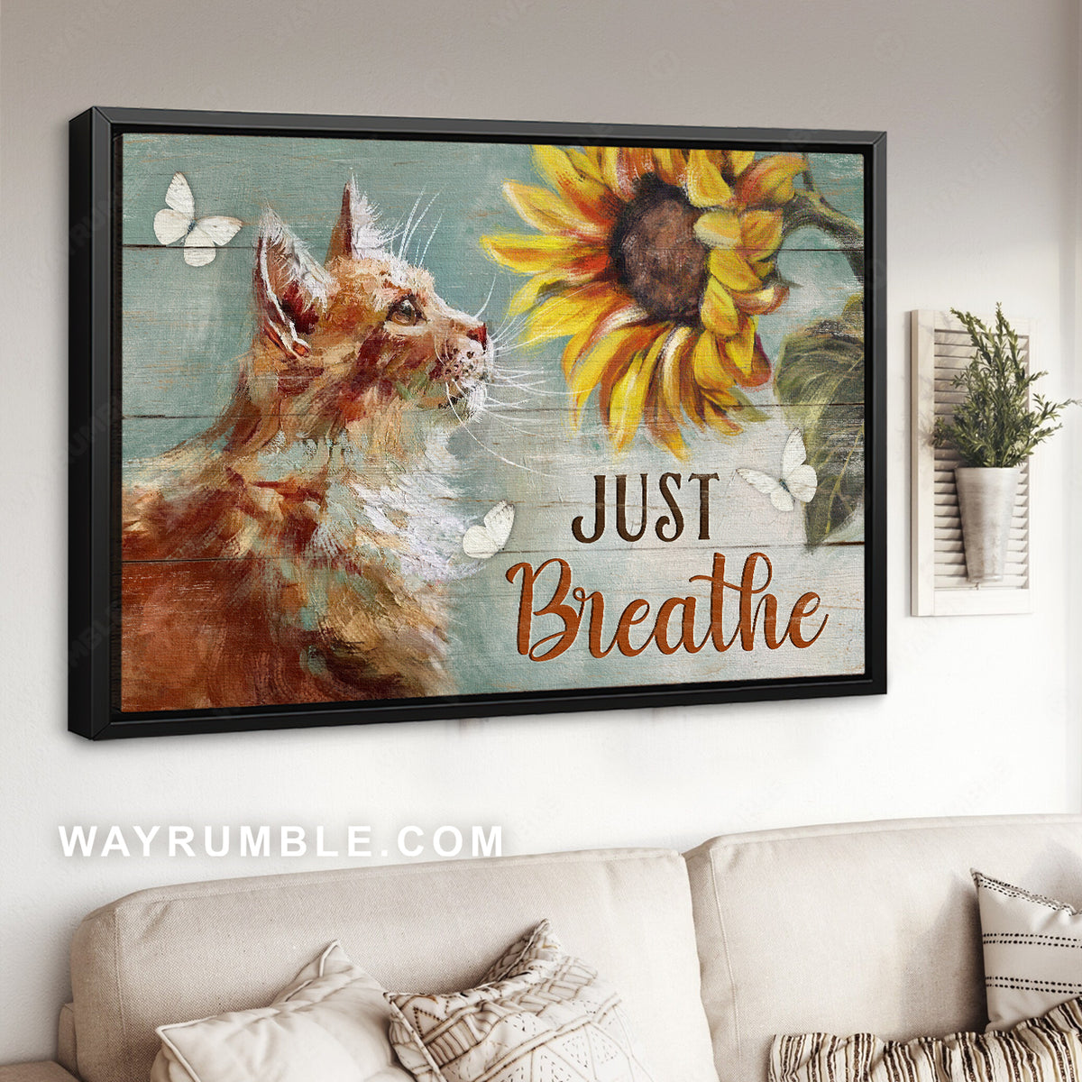Gift for cat lover, Cute cat, Watercolor sunflower, Just breathe - Jesus Landscape Canvas Prints, Christian Wall Art