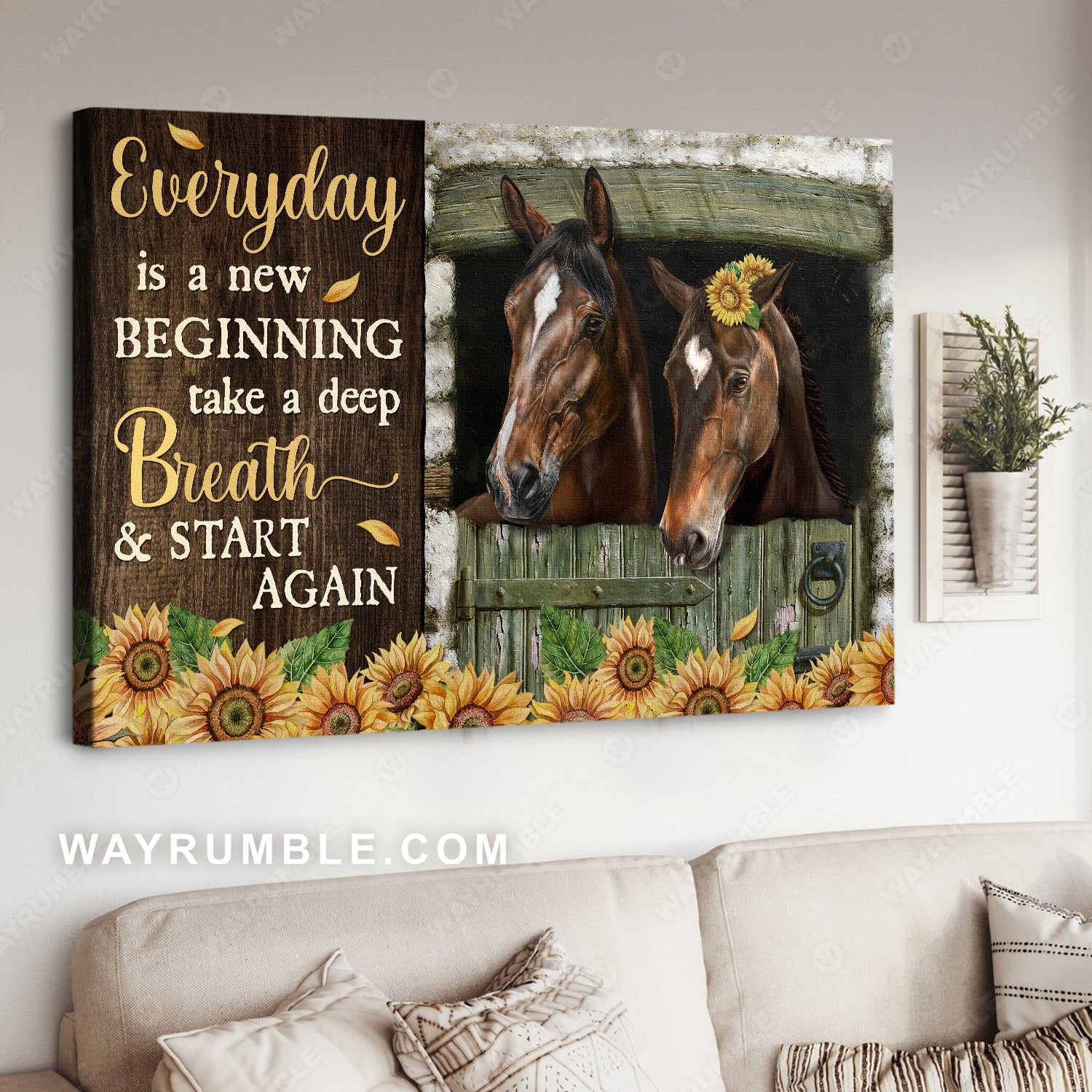 Sunflower fence, Brown horse, Flower wreath, Every day is a new beginning - Jesus Landscape Canvas Prints, Home Decor Wall Art