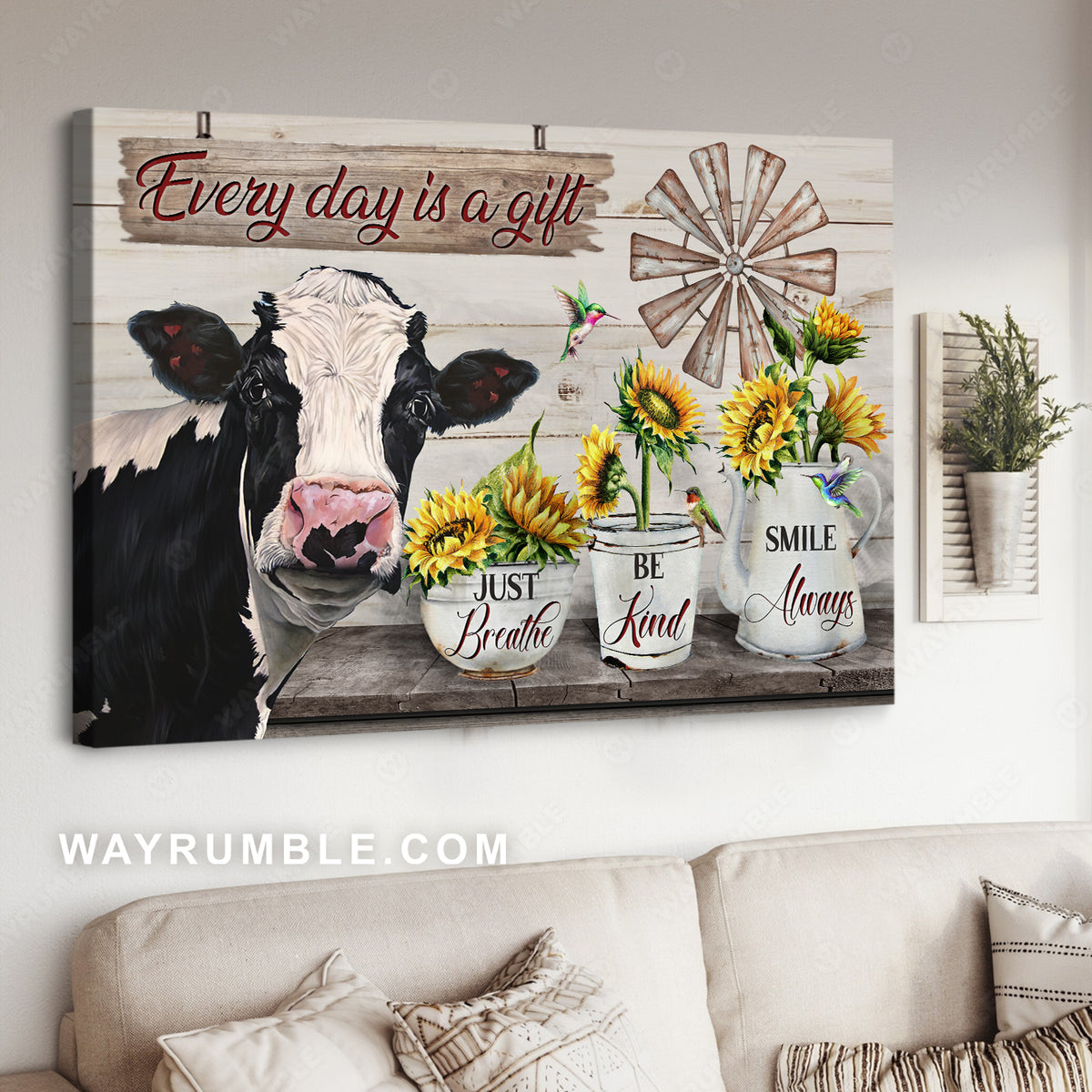 Dairy cow, Sunflower vase, Green hummingbird, Every day is a gift - Jesus Landscape Canvas Prints, Christian Wall Art