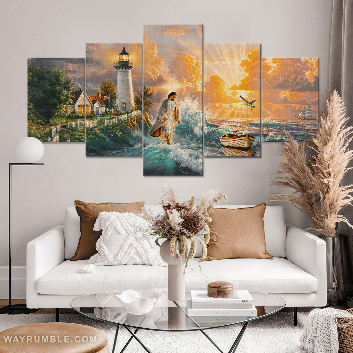 Jesus Christ, Jesus walking on the water, Lighthouse, Sunset beach - Jesus 5 Panel Matte Canvas