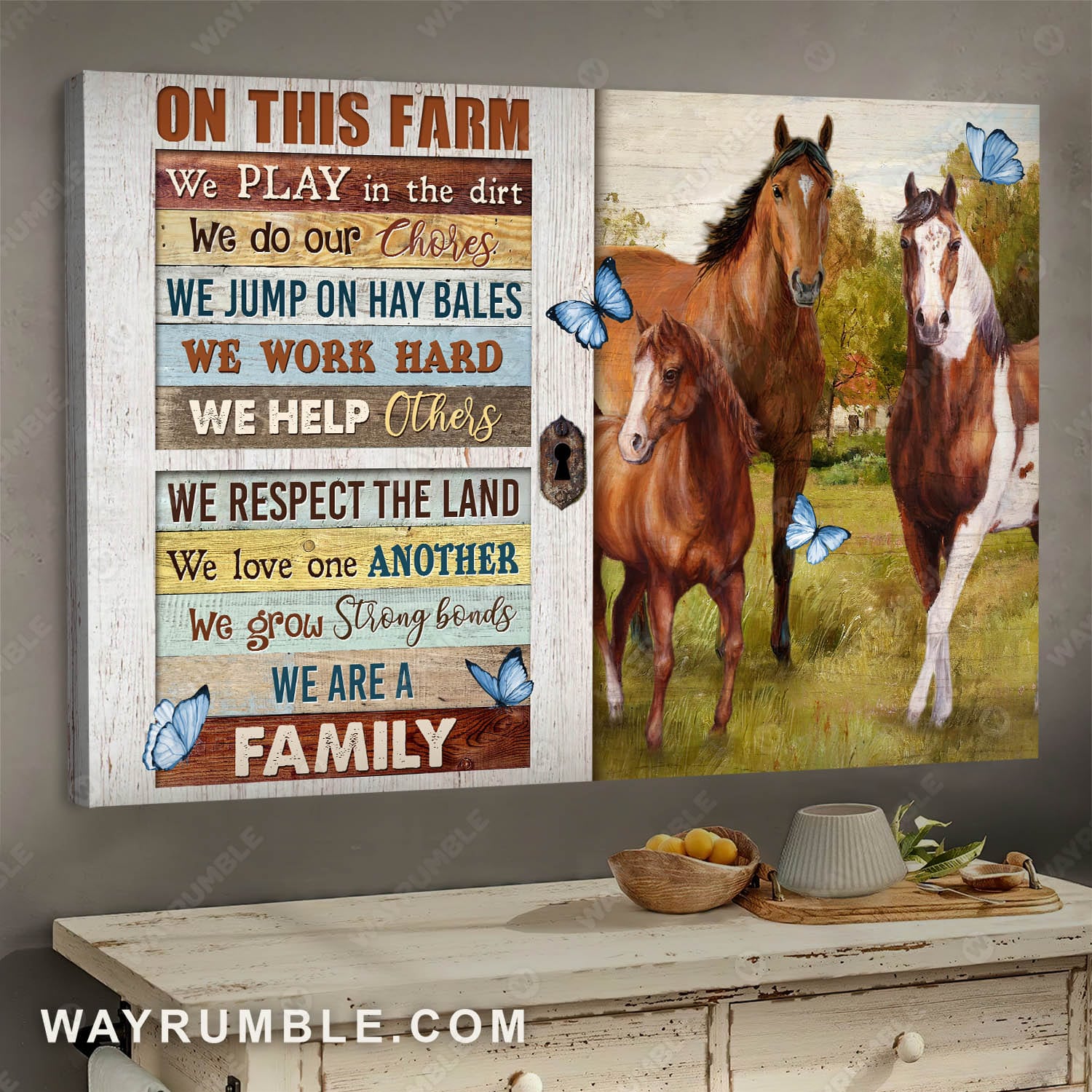 Beautiful horse drawing, Green meadow, Blue butterfly, On this farm we play in the dirt - Jesus Landscape Canvas Prints, Wall Art