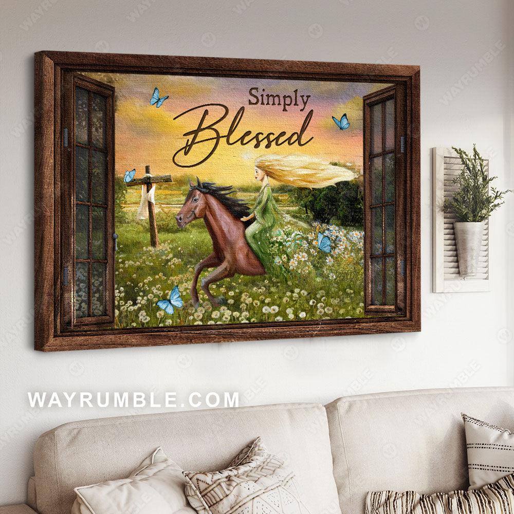 Running horse, Pink sunset, Green meadow, Simply blessed - Jesus Landscape Canvas Prints, Christian Wall Art