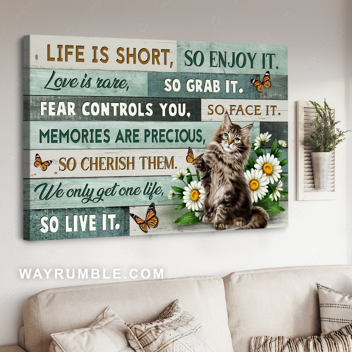 Tabby kitten, Daisy flower, Orange butterfly, Life is short so enjoy it - Jesus Landscape Canvas Prints, Christian Wall Art