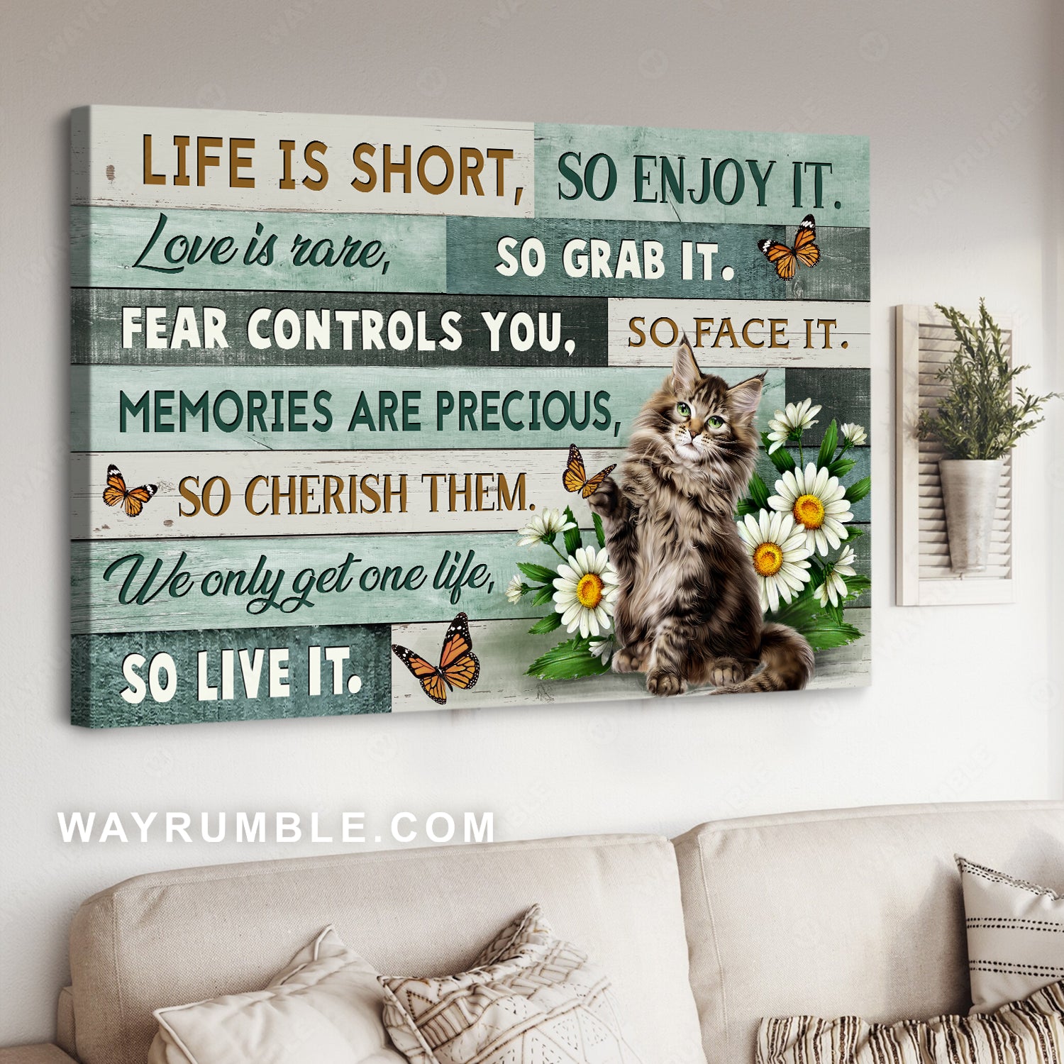 Tabby kitten, Daisy flower, Orange butterfly, Life is short so enjoy it - Jesus Landscape Canvas Prints, Christian Wall Art