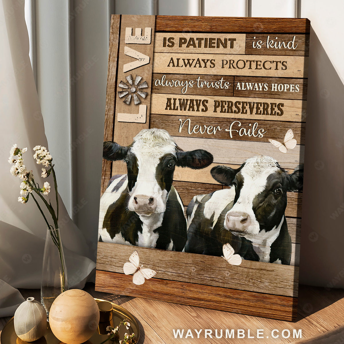 Lovely dairy cow, White butterfly, Farm painting, Love is patient - Jesus Portrait Canvas Prints, Home Decor Wall Art