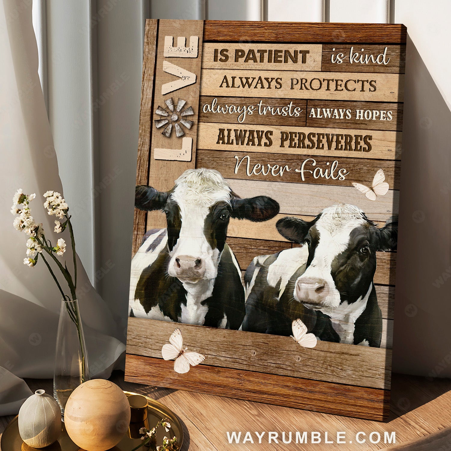 Lovely dairy cow, White butterfly, Farm painting, Love is patient - Jesus Portrait Canvas Prints, Home Decor Wall Art