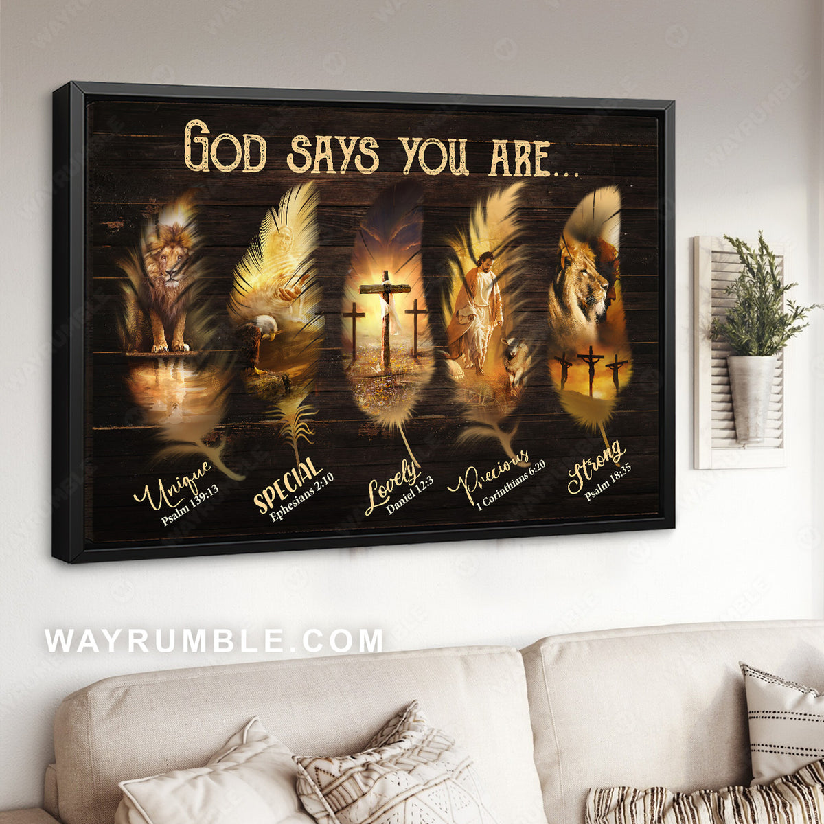 Jesus Christ, The Lion of Judah, Cross symbol, Feather shape, God says you are - Jesus Landscape Canvas Prints, Christian Wall Art