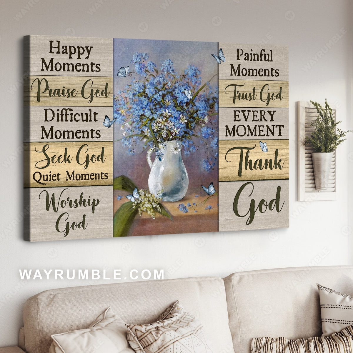 Blue flower, Still life painting, Pretty butterfly, Happy moment Thank God - Jesus Landscape Canvas Prints, Christian Wall Art
