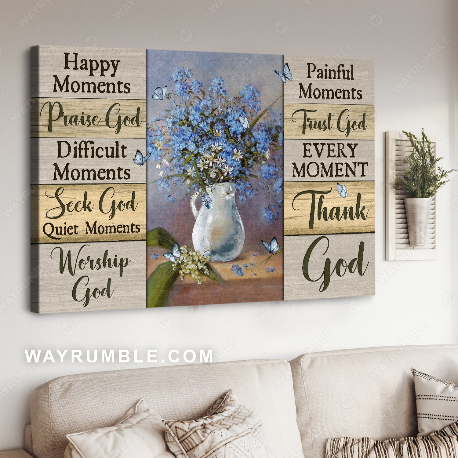 Blue flower, Still life painting, Pretty butterfly, Happy moment Thank God - Jesus Landscape Canvas Prints, Christian Wall Art