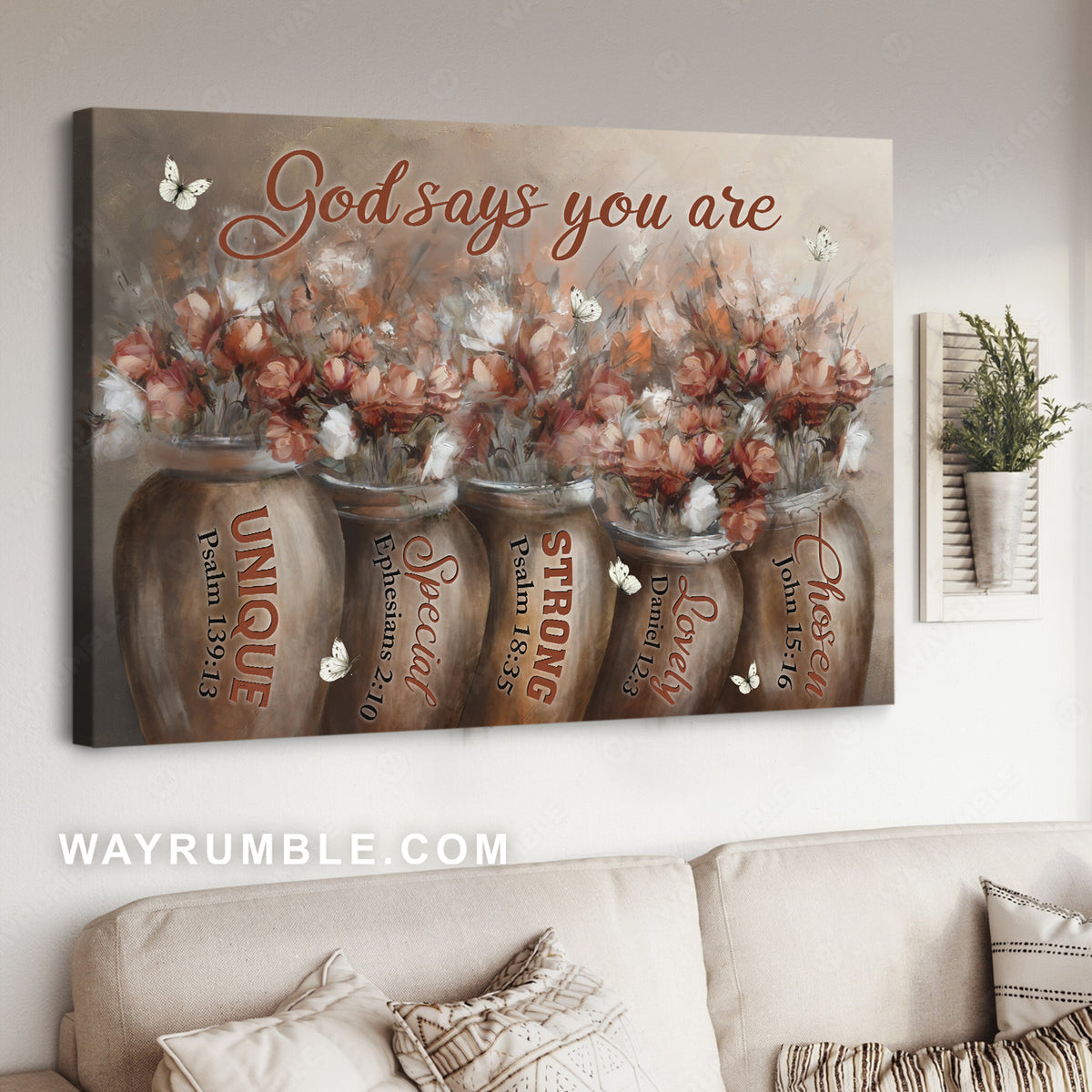 Peony painting, White and red flowers, Ceramic vases, God says you are unique - Jesus Landscape Canvas Prints, Christian Wall Art