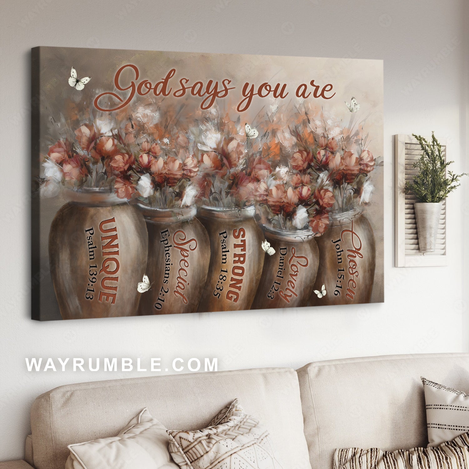 Peony painting, White and red flowers, Ceramic vases, God says you are unique - Jesus Landscape Canvas Prints, Christian Wall Art