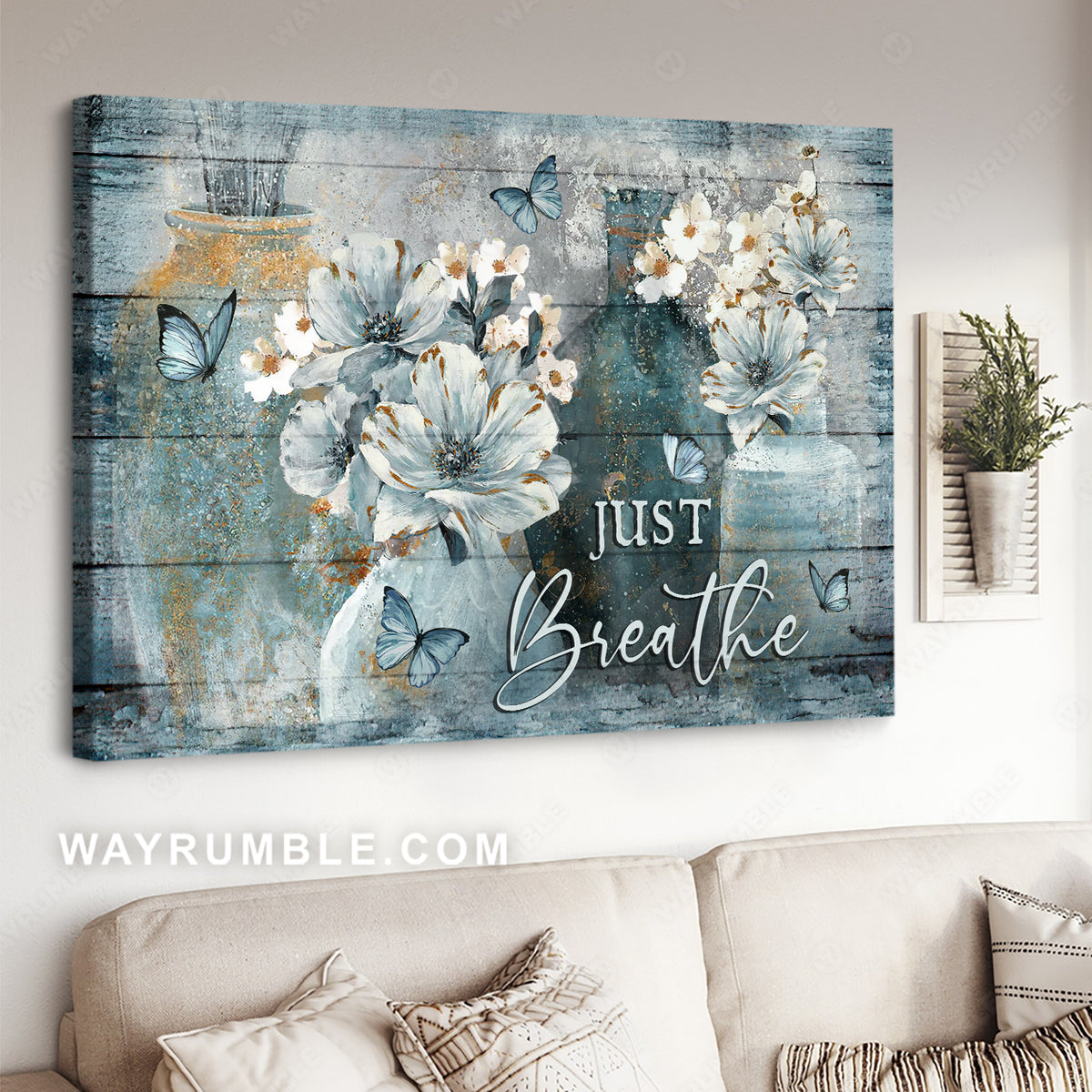 Vintage flower, Camellia painting, Blue butterfly, Just breathe - Jesus Landscape Canvas Prints, Christian Wall Art