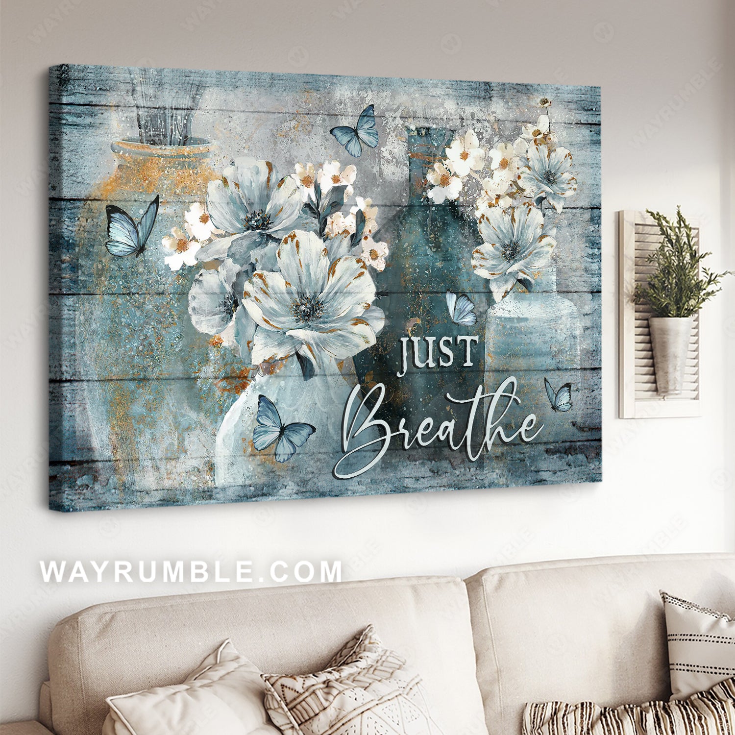 Vintage flower, Camellia painting, Blue butterfly, Just breathe - Jesus Landscape Canvas Prints, Christian Wall Art