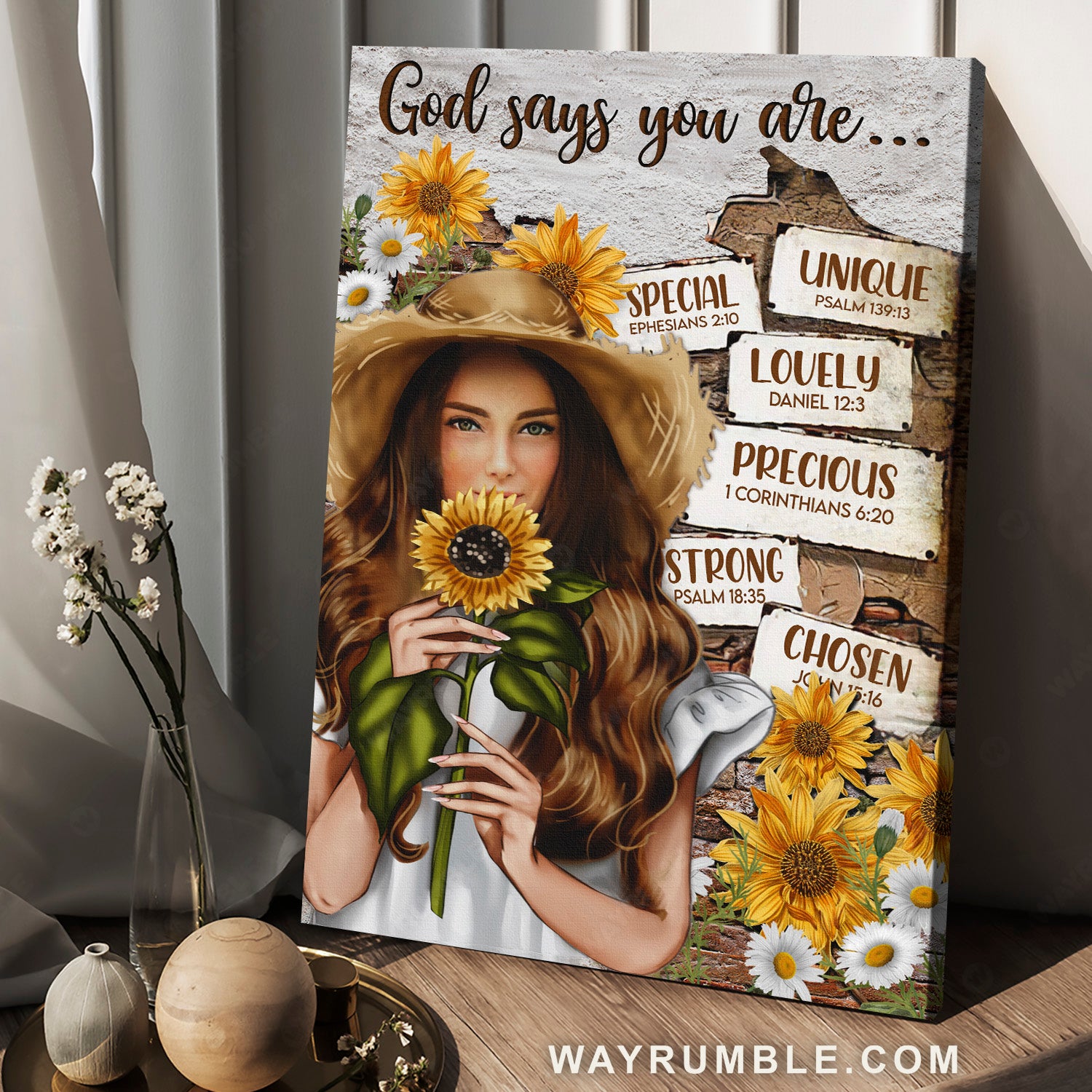 Pretty girl painting, Watercolor sunflower, God says you are unique - Jesus Portrait Canvas Prints, Home Decor Wall Art