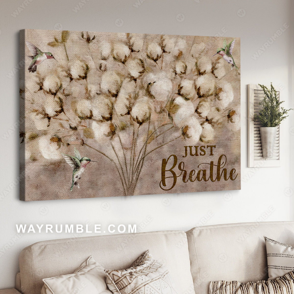Cotton flower vase, Watercolor hummingbird, Just breathe - Jesus Landscape Canvas Prints, Christian Wall Art