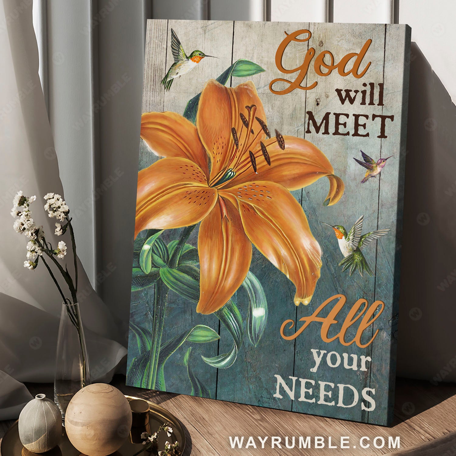 Orange lily, Hummingbird, Flower painting, God will meet all your needs - Jesus Portrait Canvas Prints, Christian Wall Art