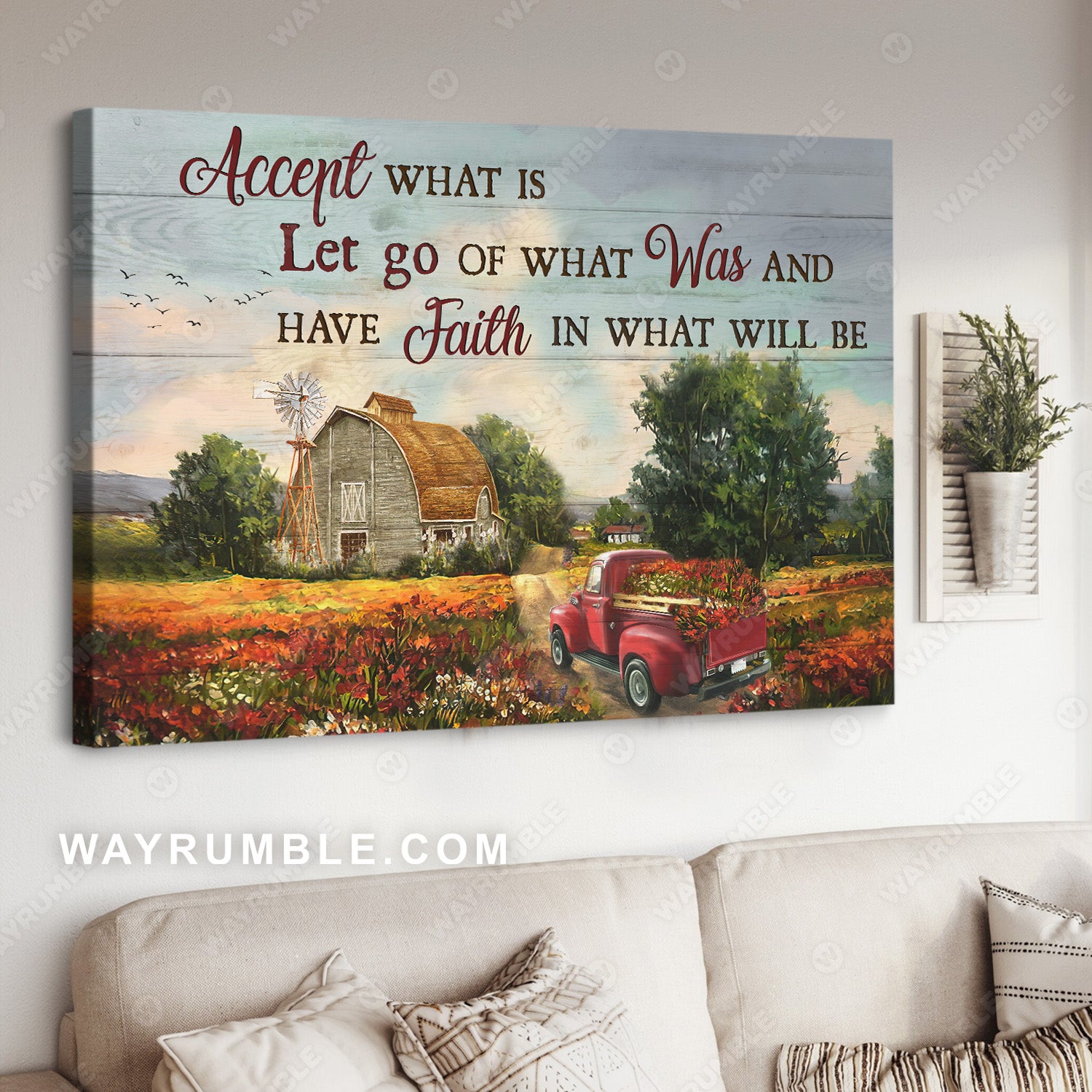 Field of flowers, Red car, Amazing barn, Have faith in what will be - Jesus Landscape Canvas Prints, Christian Wall Art