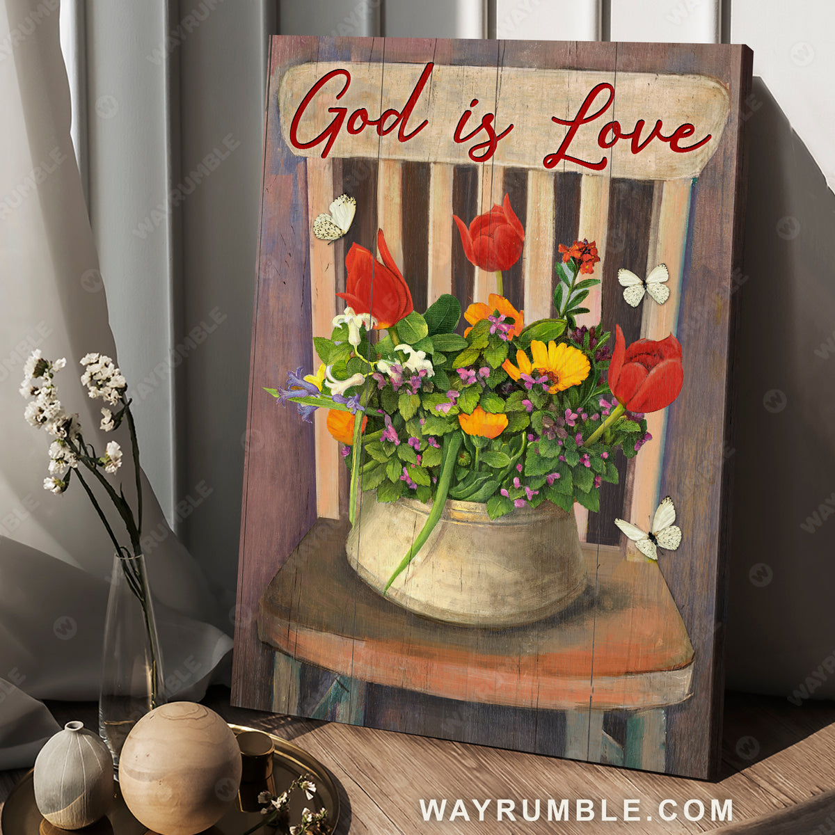Red tulip drawing, Beautiful flower, Butterfly painting, Wooden chair, God is love - Jesus Portrait Canvas Prints, Christian Wall Art