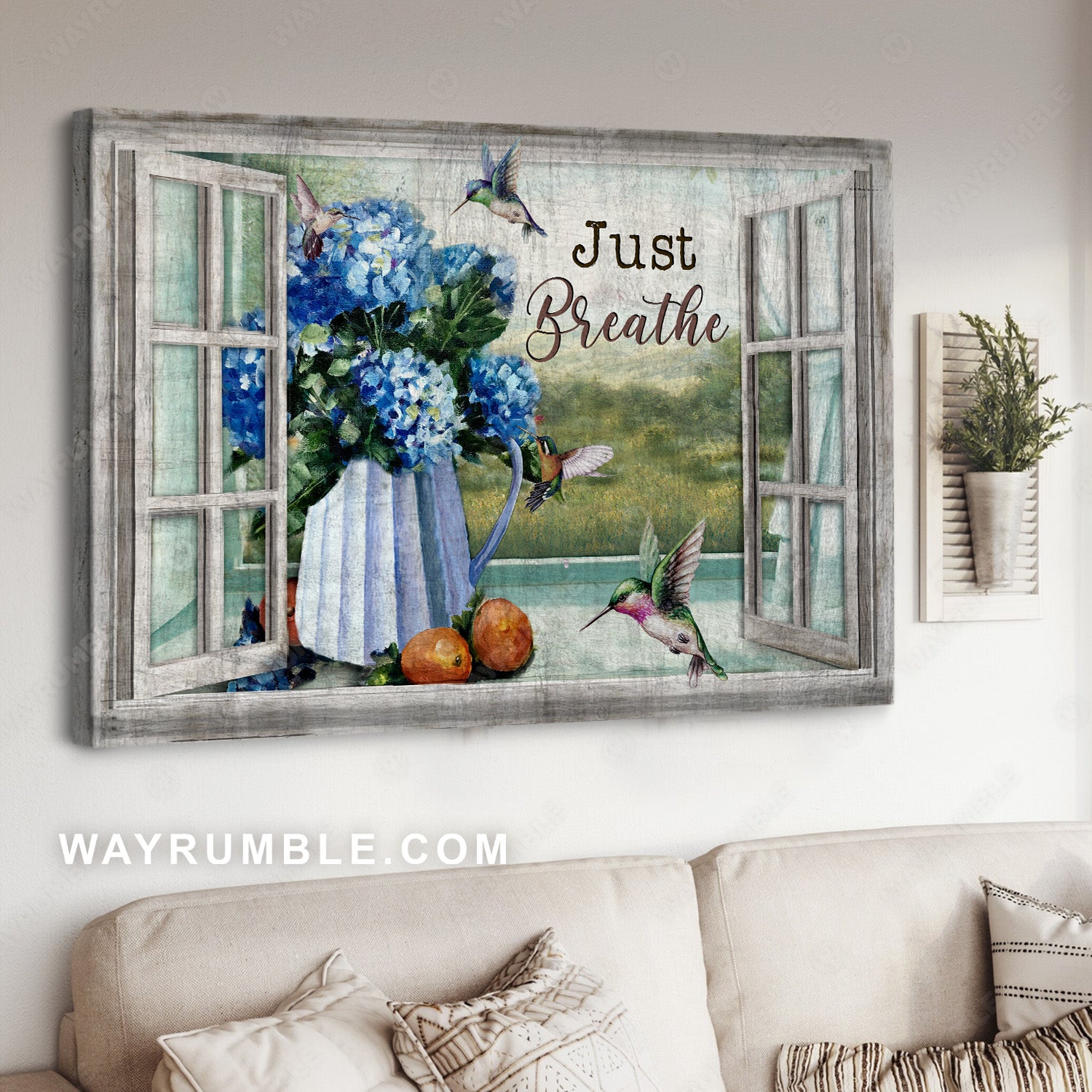 Blue hydrangea, Beautiful hummingbird, Window, Just breathe - Jesus Landscape Canvas Prints, Christian Wall Art