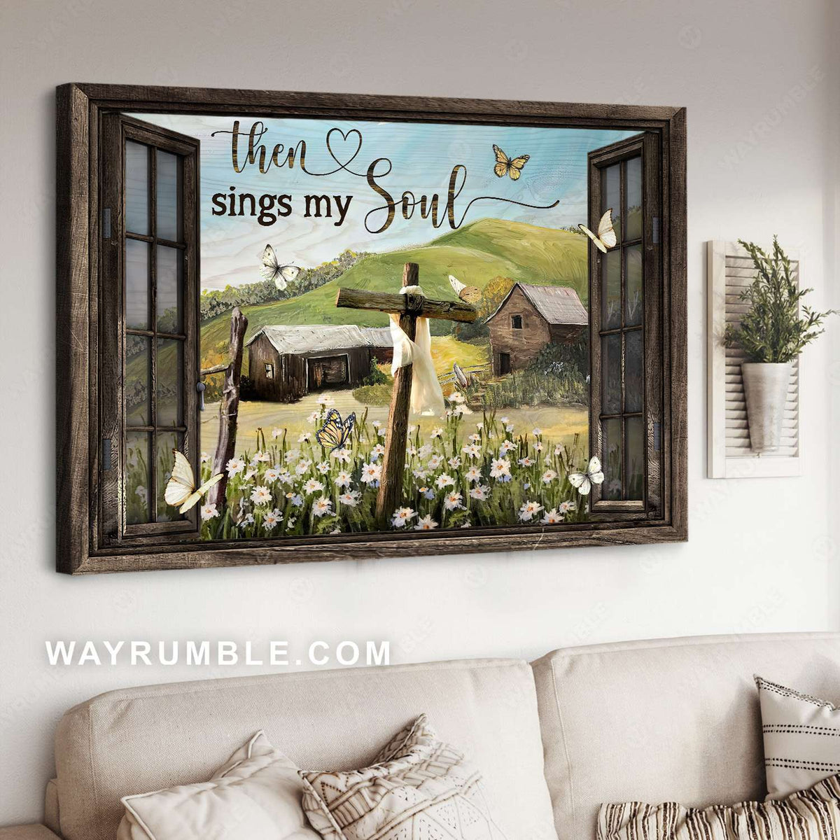 Wooden cross, Daisy field, Green hill, Then sings my soul - Jesus Landscape Canvas Prints, Christian Wall Art